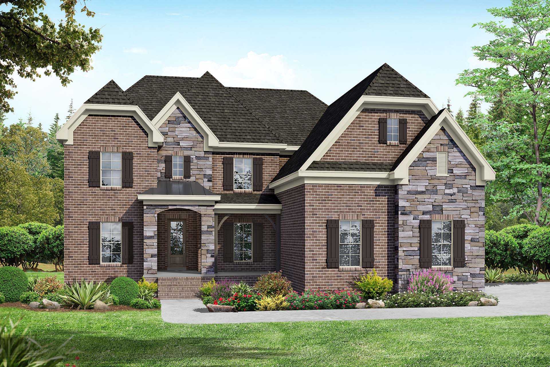 Two-story brick and stone Hawkins home elevation with gabled roof, front porch, and landscaped yard in Murfreesboro TN