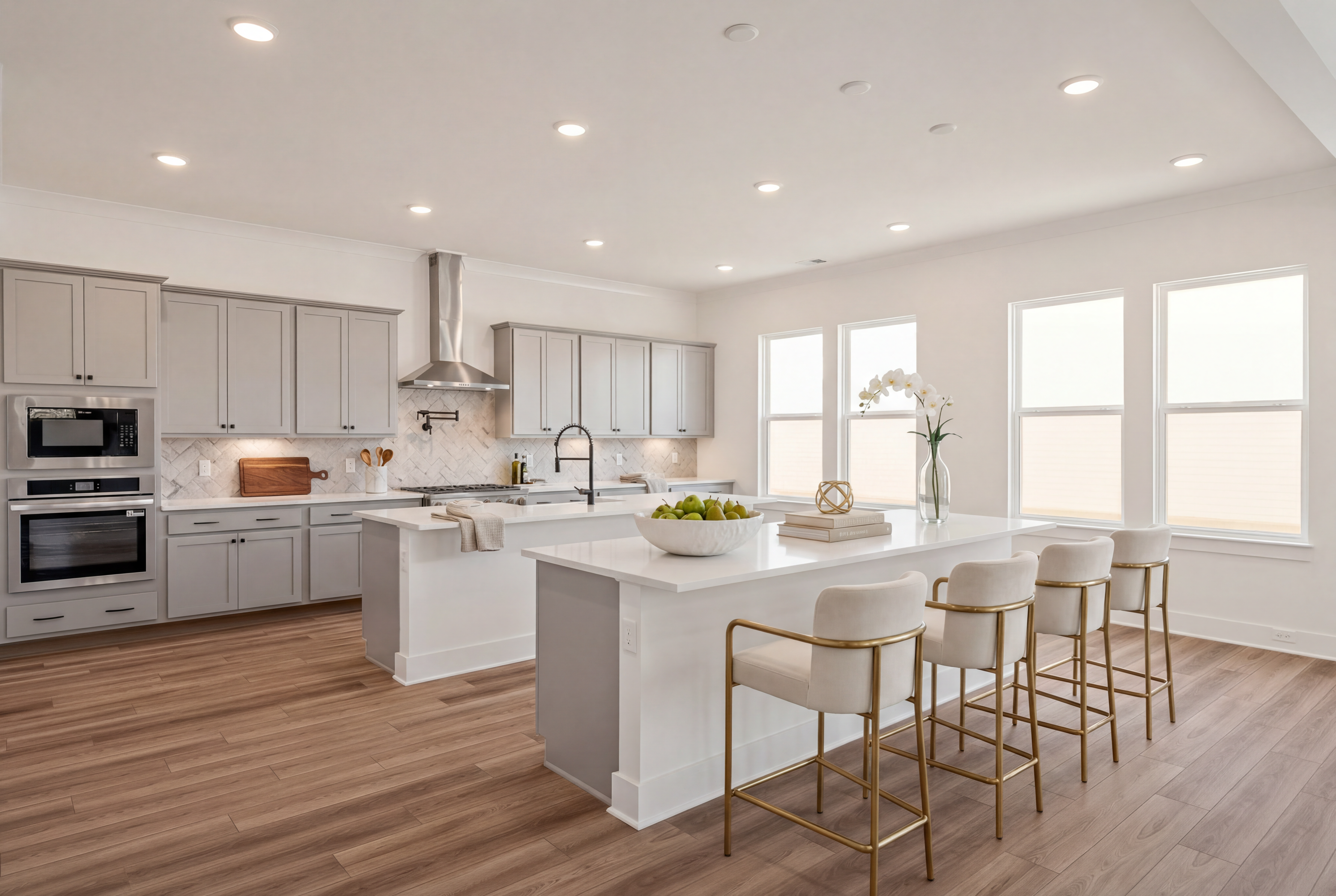 Contemporary kitchen in Shelton Square Murfreesboro TN with gray cabinets, white island, gold bar stools, and hardwood floors