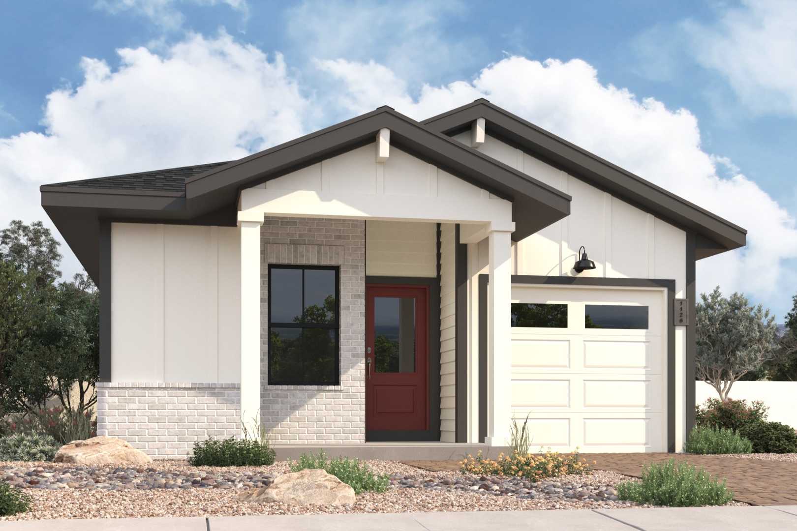 Modern single-story elevation of The Marietta by Davidson Homes in Prescott Arizona with white siding, stone accents, red door, and garage