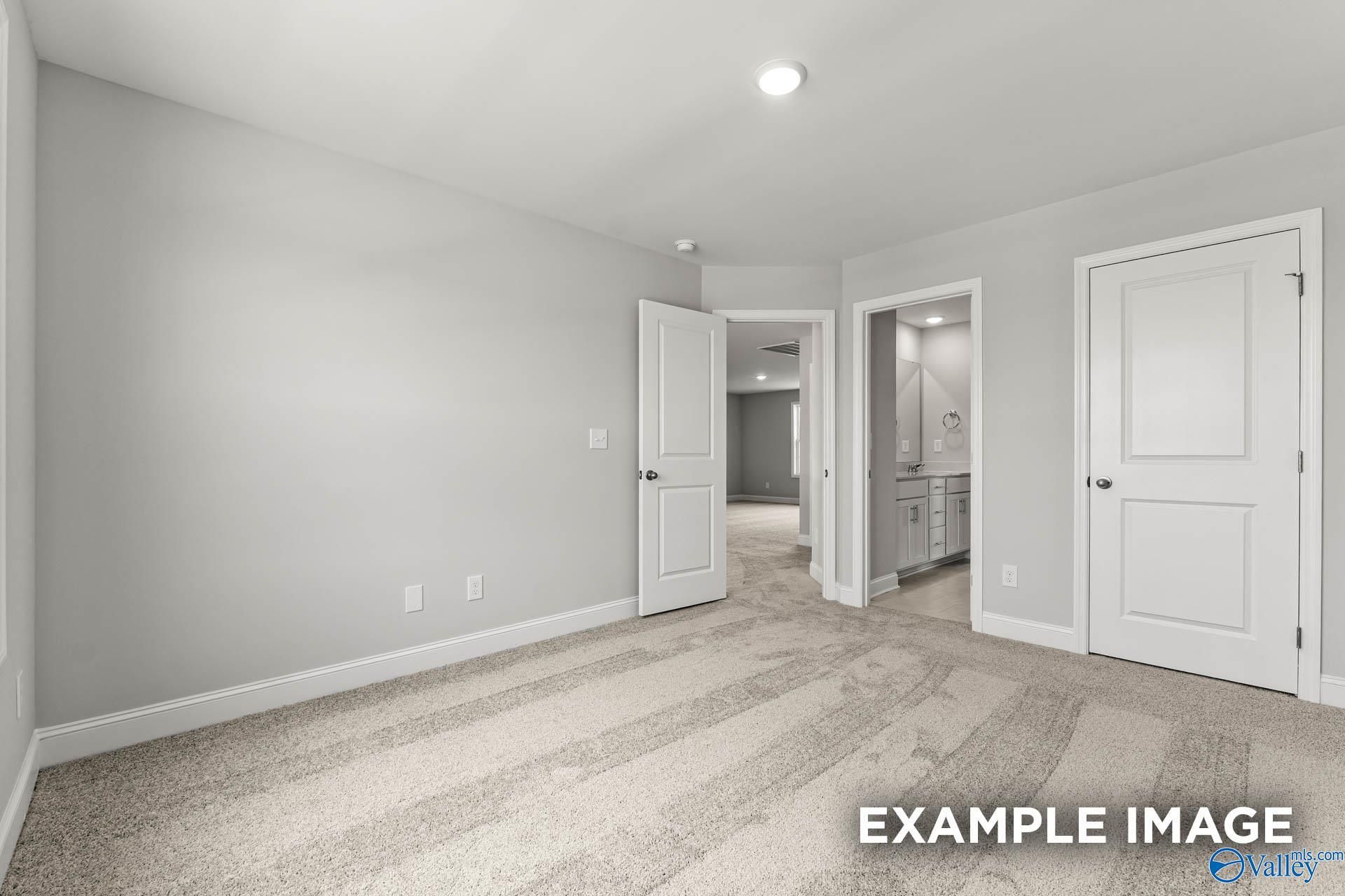 Bright bedroom with open en-suite bathroom door, neutral gray walls and carpet in Davidson Homes The Madison A, Meridianville, AL