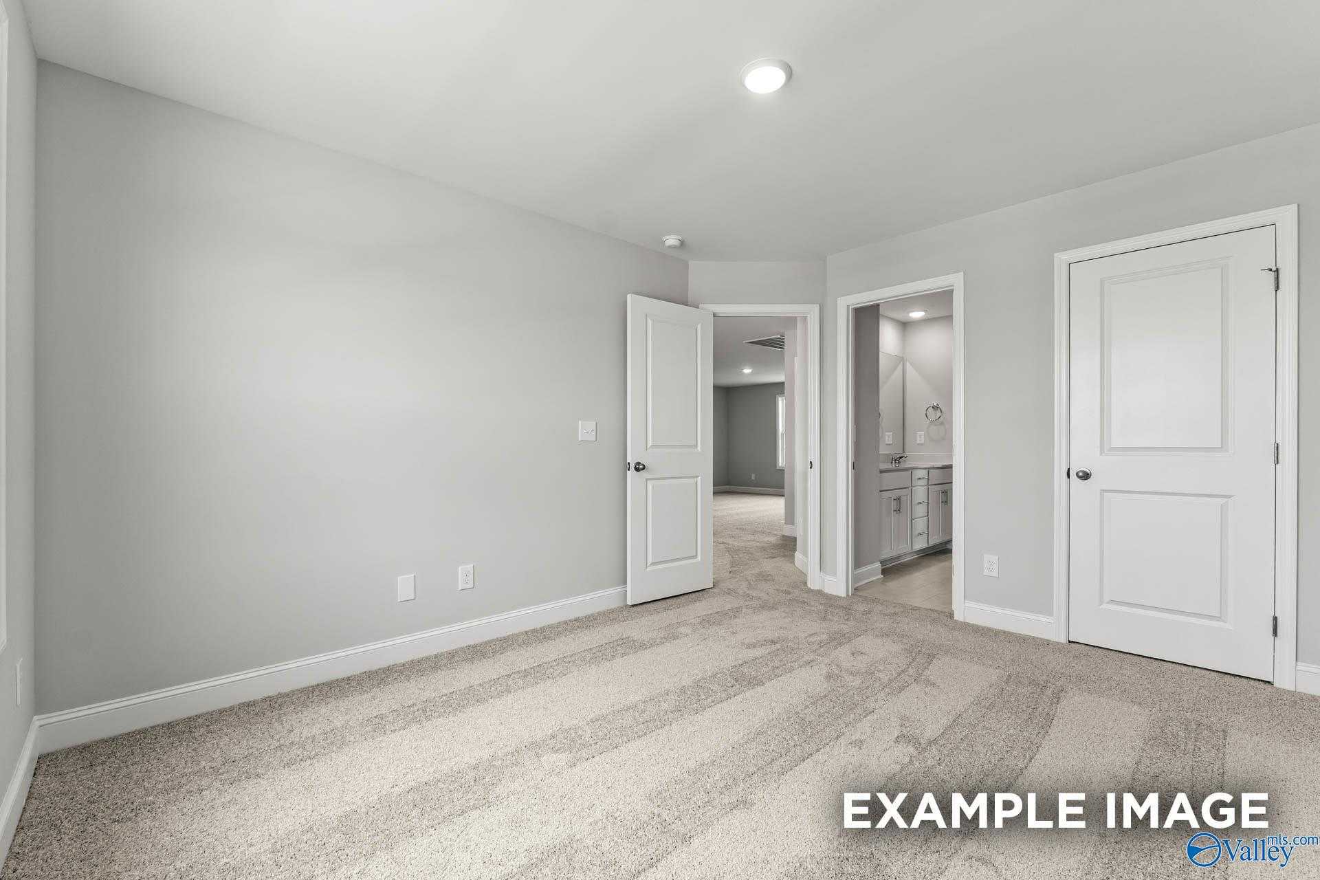 Spacious master bedroom suite with en-suite bathroom, double doors, and gray carpet in Davidson Homes Madison A, Harvest AL