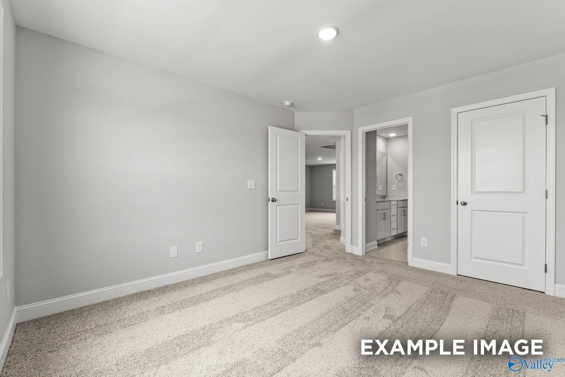Bright bedroom with open en-suite bathroom door, neutral gray walls and carpet in Davidson Homes The Madison A, Meridianville, AL
