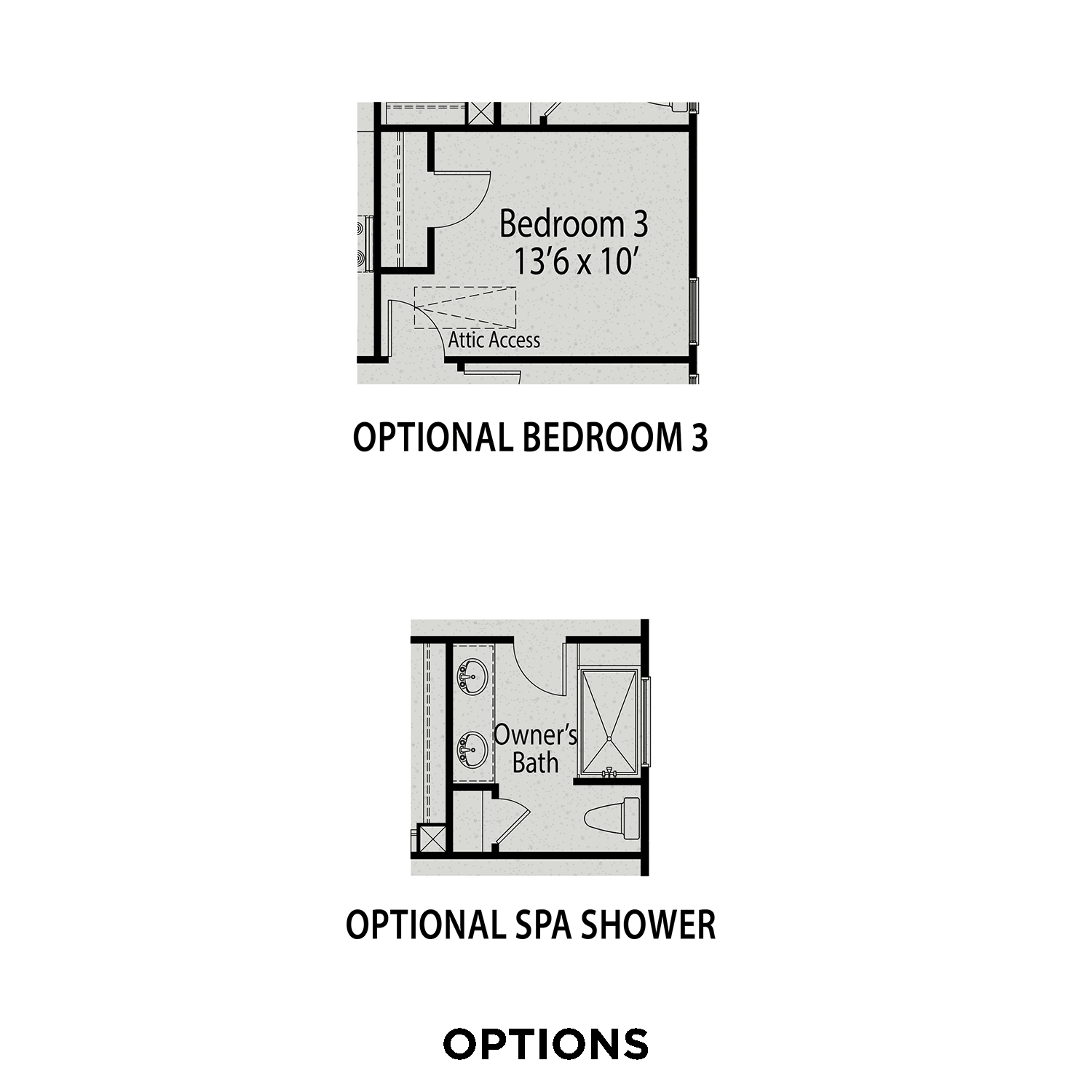 Optional Bedroom 3 layout in The Carter B home design: 13x10 space with attic access; owner's bath spa shower option, Davidson Homes Lillington