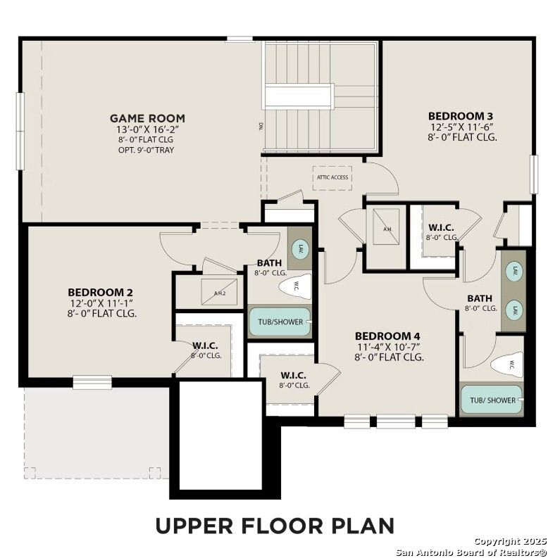 Upper floor plan of Sequoia C showing game room, bedrooms 3-4 with baths, walk-in closets in 4-bed Davidson Homes, Horizon Pointe, Converse TX