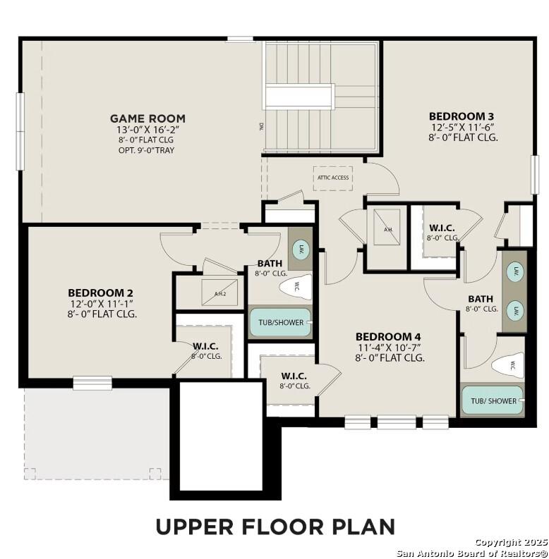 Upper floor plan of Sequoia C showing game room, bedrooms 3-4 with baths, walk-in closets in 4-bed Davidson Homes, Horizon Pointe, Converse TX