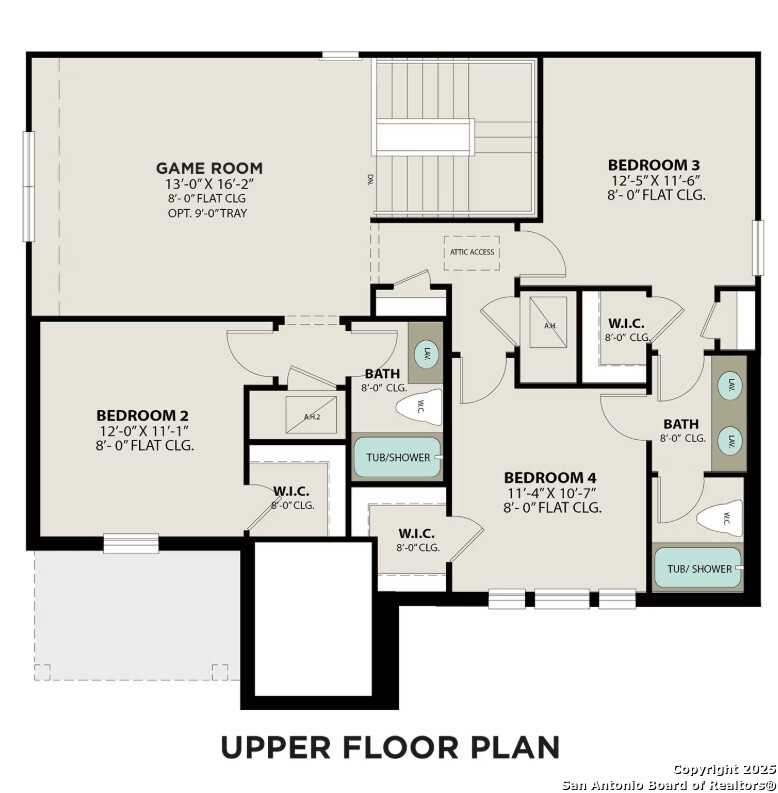Upper floor plan of Sequoia C showing game room, bedrooms 3-4 with baths, walk-in closets in 4-bed Davidson Homes, Horizon Pointe, Converse TX