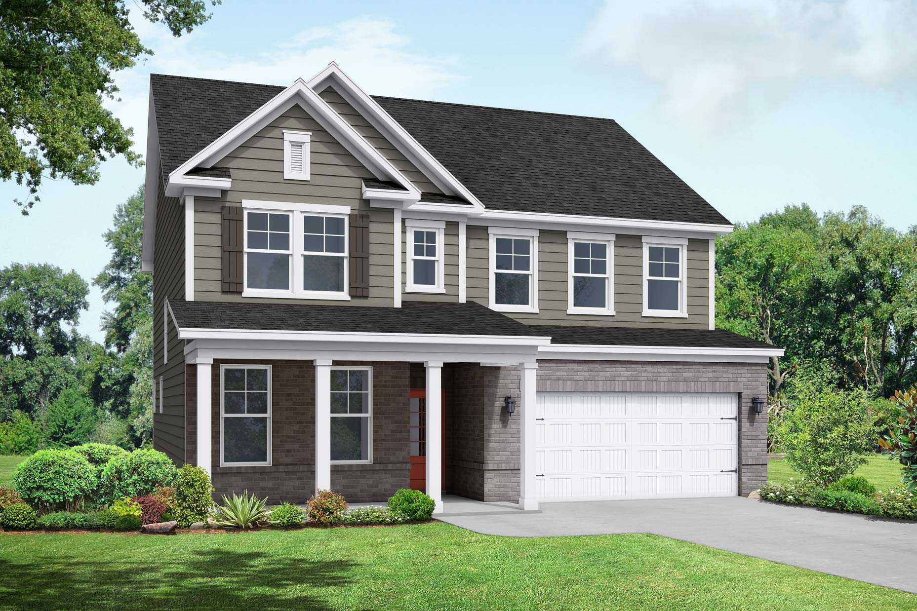 Two-story Chestnut C home elevation with gray siding, brick accents, front porch, and two-car garage by Davidson Homes