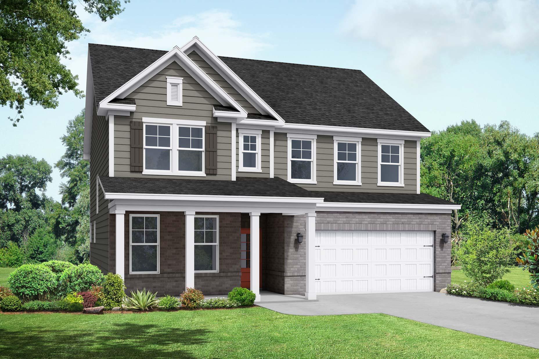 Two-story Chestnut C home elevation with gray siding, brick accents, front porch, and two-car garage by Davidson Homes