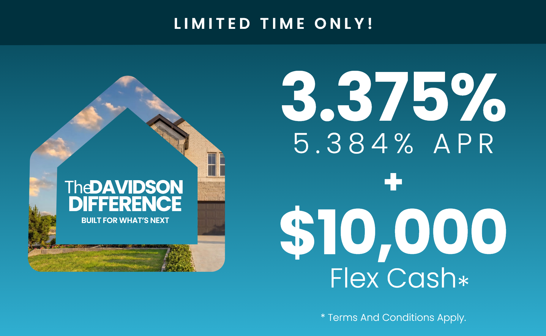 New home promotion offering 3.375% interest rates and $10,000 in Flex Cash for San Antonio homebuyers.