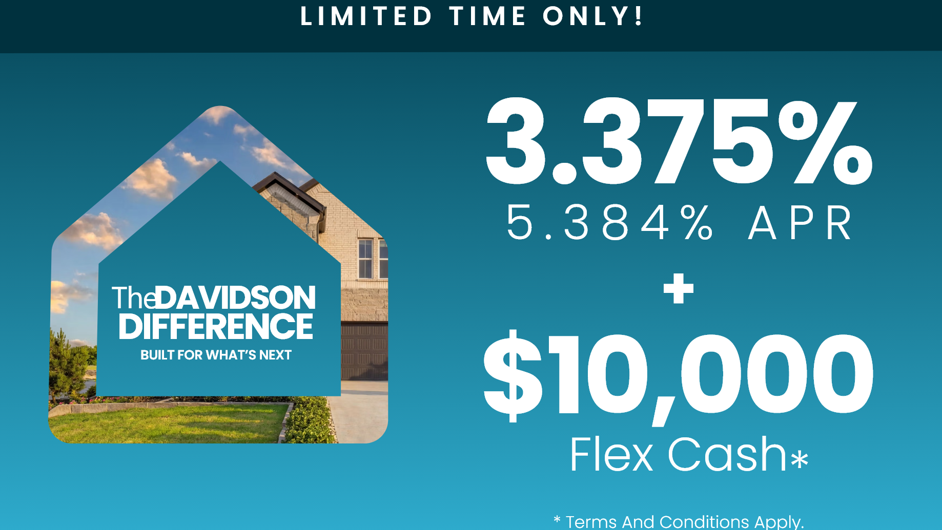 New home promotion offering 3.375% interest rates and $10,000 in Flex Cash for San Antonio homebuyers.