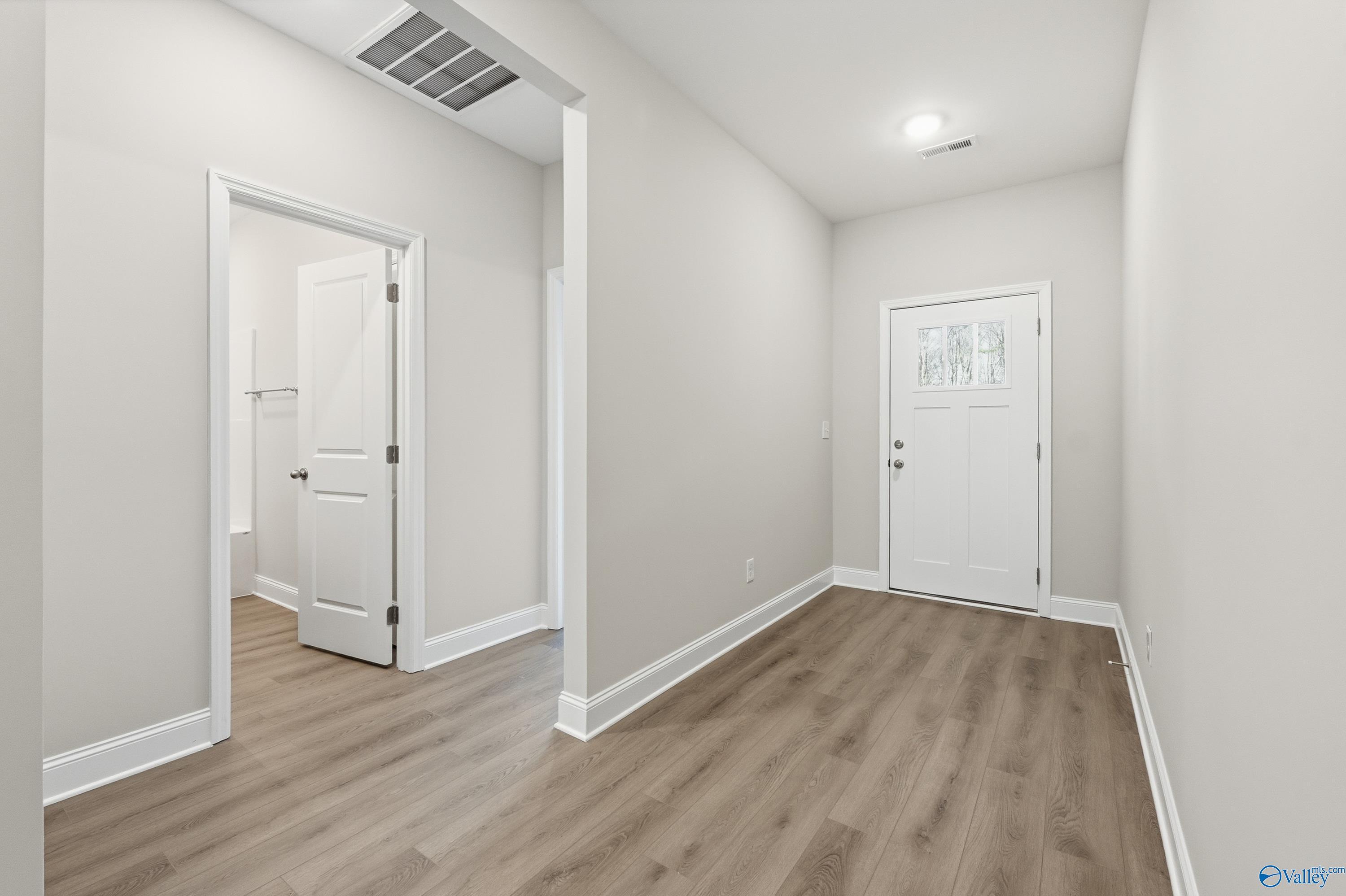 Bright entry hallway with light wood floors, white doors to bedroom and bath, front door in The Daphne C 4-bedroom home, Arab, Alabama