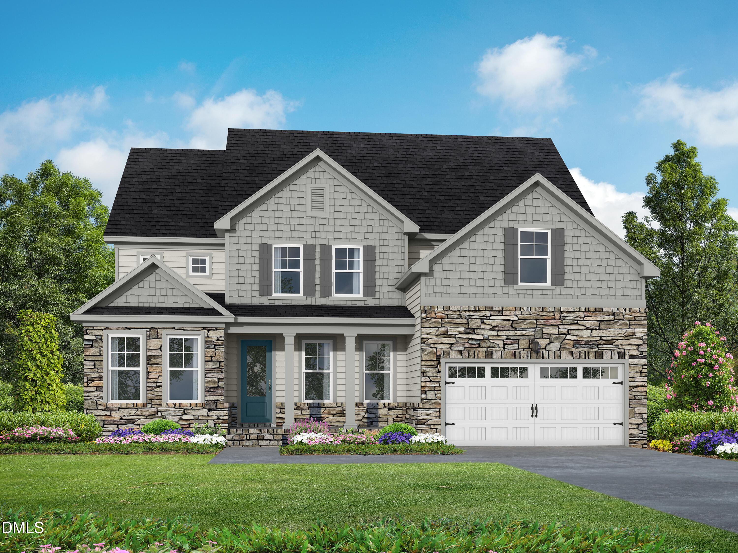 Modern two-story 4-bedroom home with 3-car garage, stone accents, and front porch in Tobacco Road, Angier, North Carolina by Davidson Homes The Crawford D