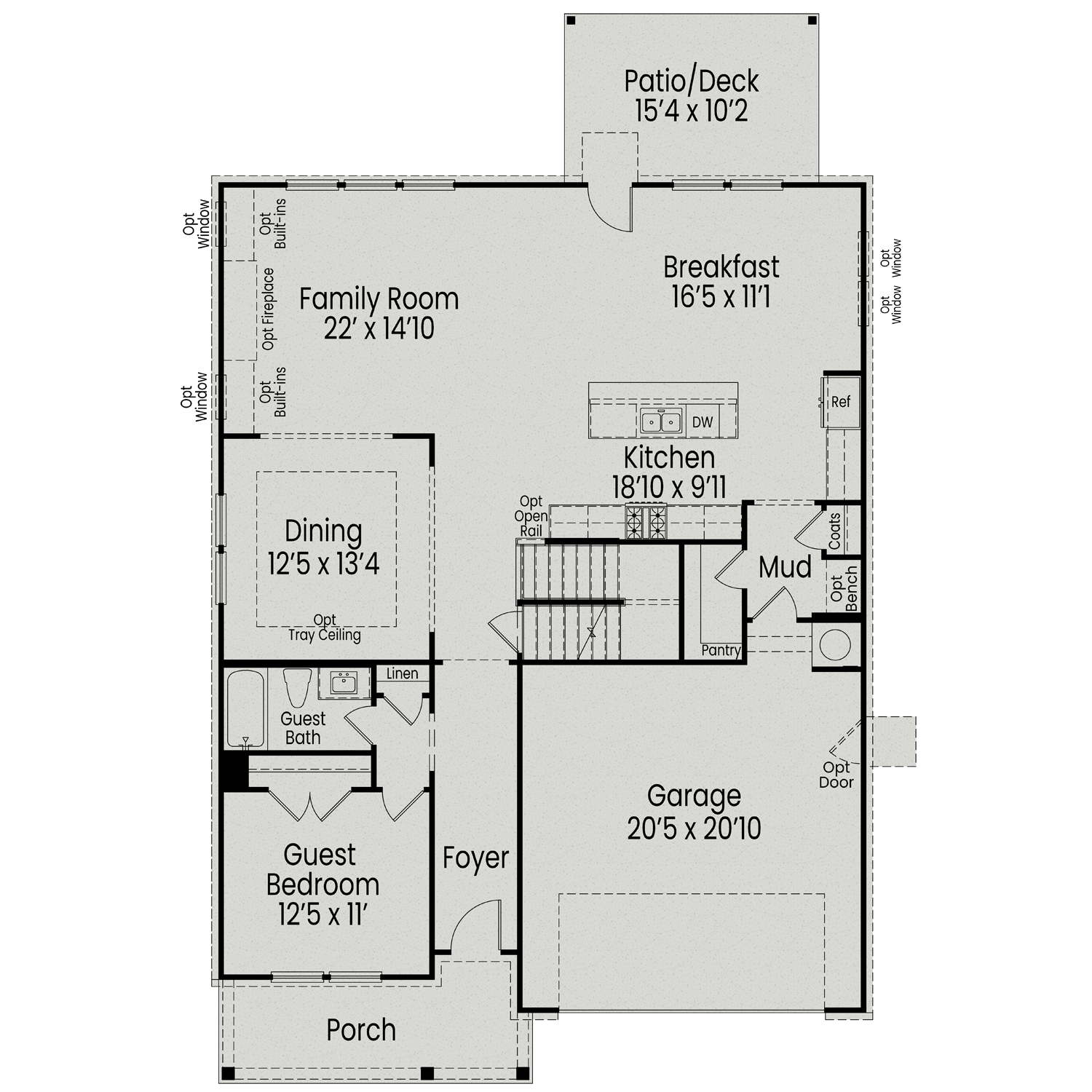 Beech B first floor plan by Davidson Homes: open kitchen, family room, dining, guest bedroom, 20x20 garage, Raleigh NC home design
