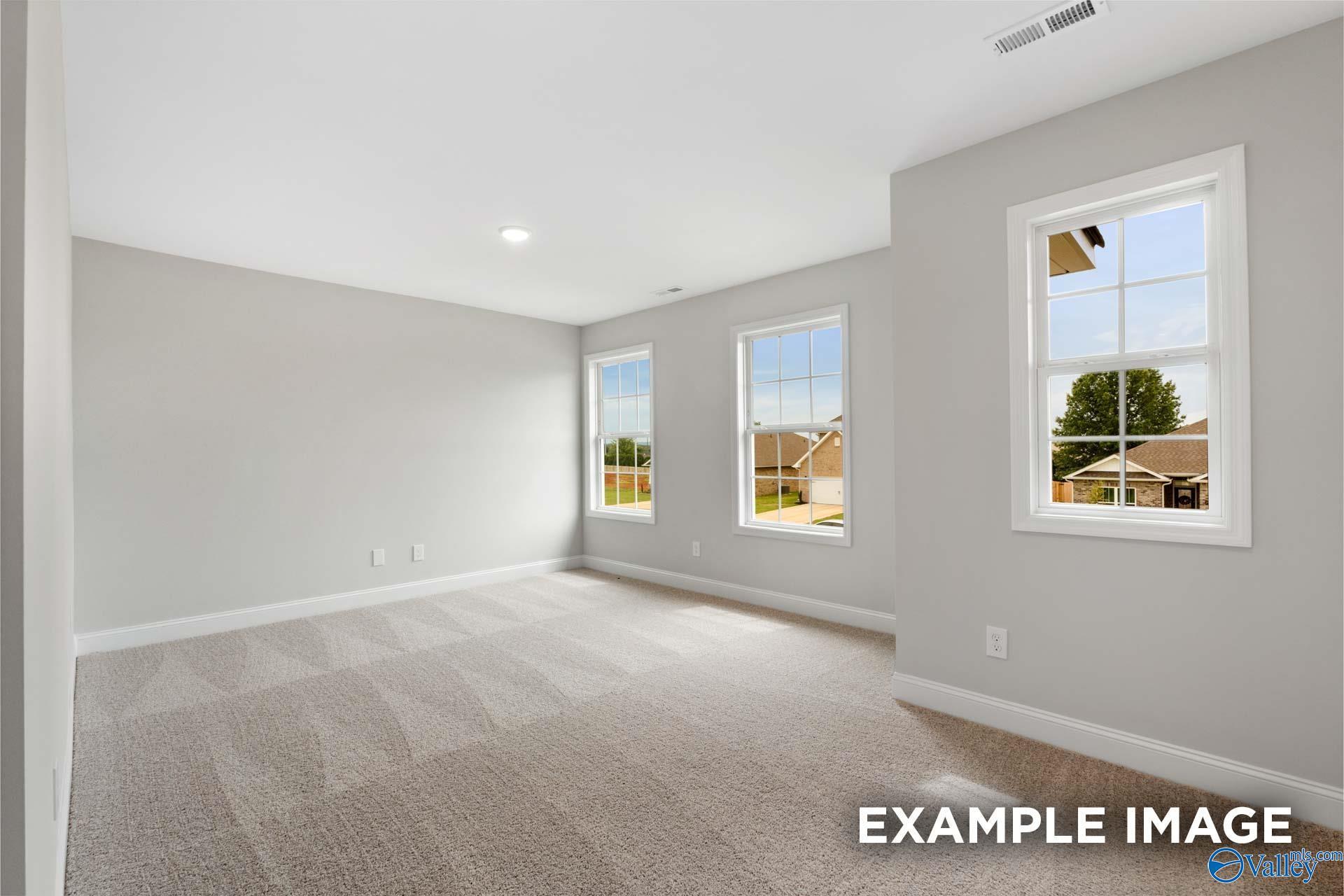 Bright, spacious bedroom with neutral carpet in The Shelby B floor plan by Davidson Homes in Jaguar Hills, Huntsville, AL.