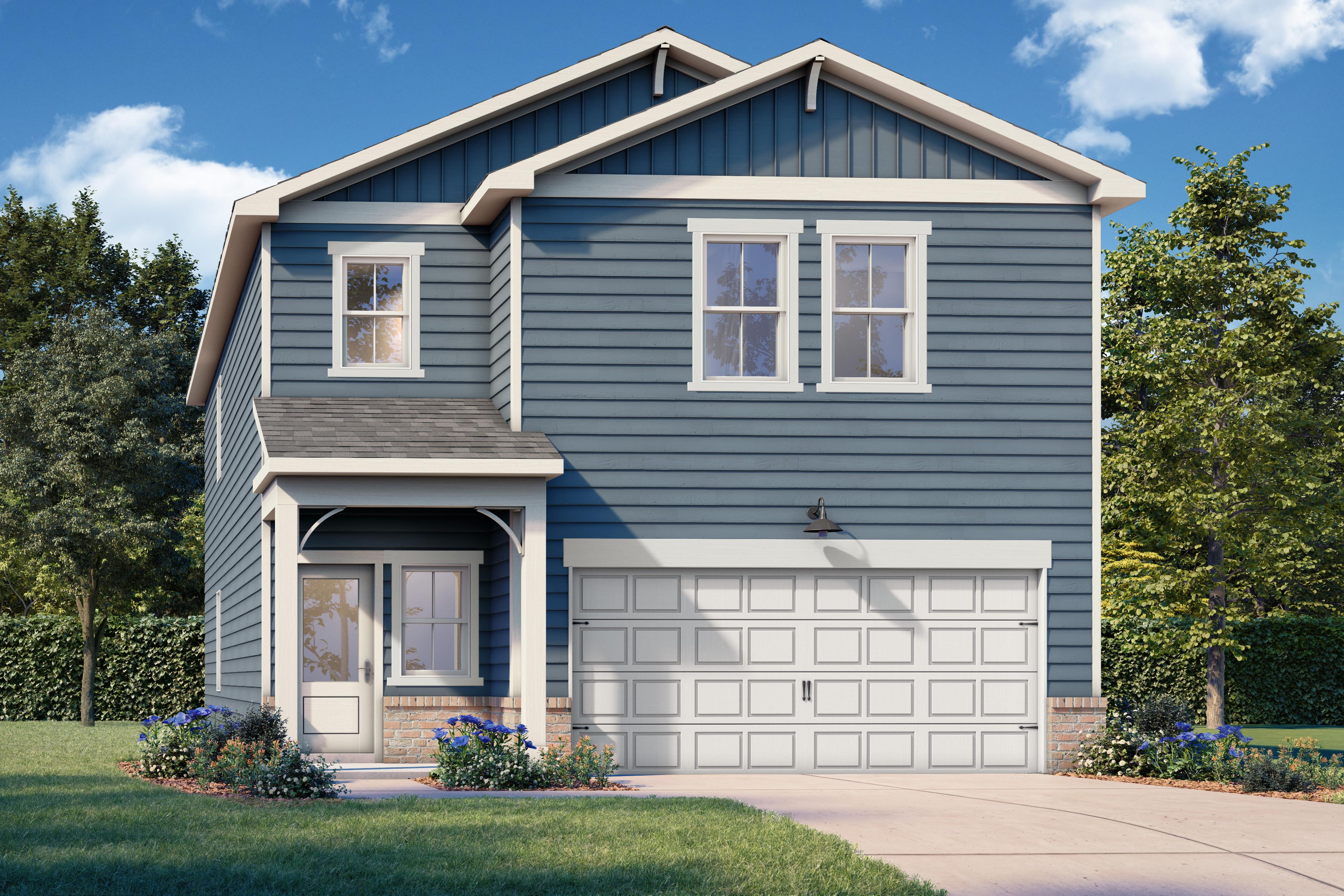 Two-story The Russell B home exterior with blue siding, gabled roof, covered porch, white 2-car garage, and landscaped yard in Canton, GA