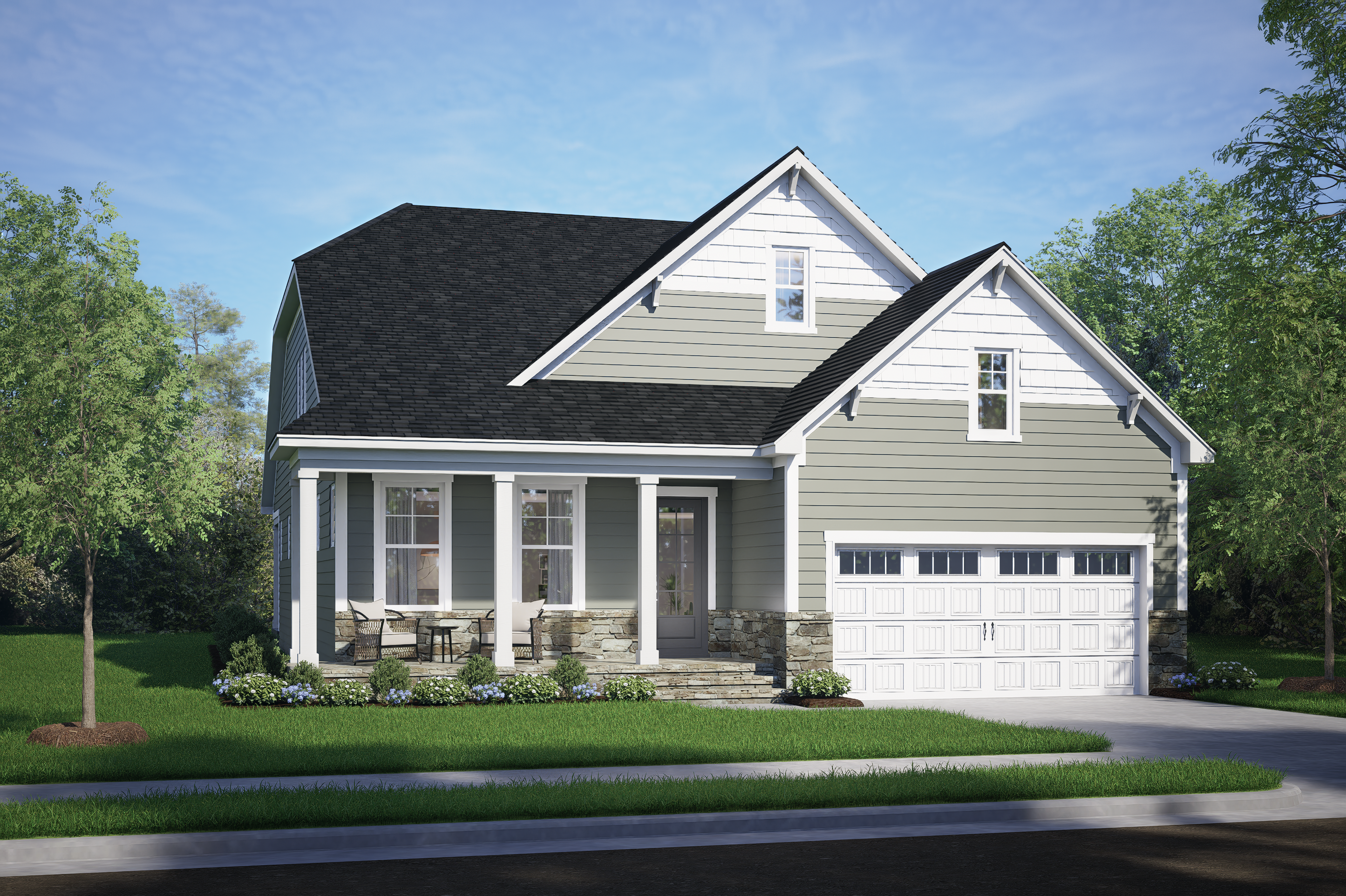 Craftsman-style exterior of The Birch II home by Davidson Homes, gray siding, stone accents, covered porch, two-car garage, lush yard