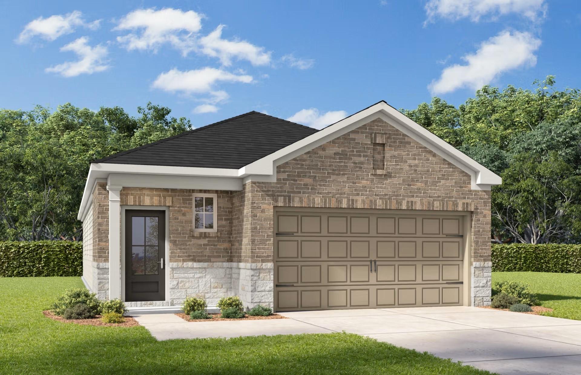 The Frio G floor plan by Davidson Homes: a 1-story, 3-bedroom brick home with 2-car garage in Heartland, Texas.
