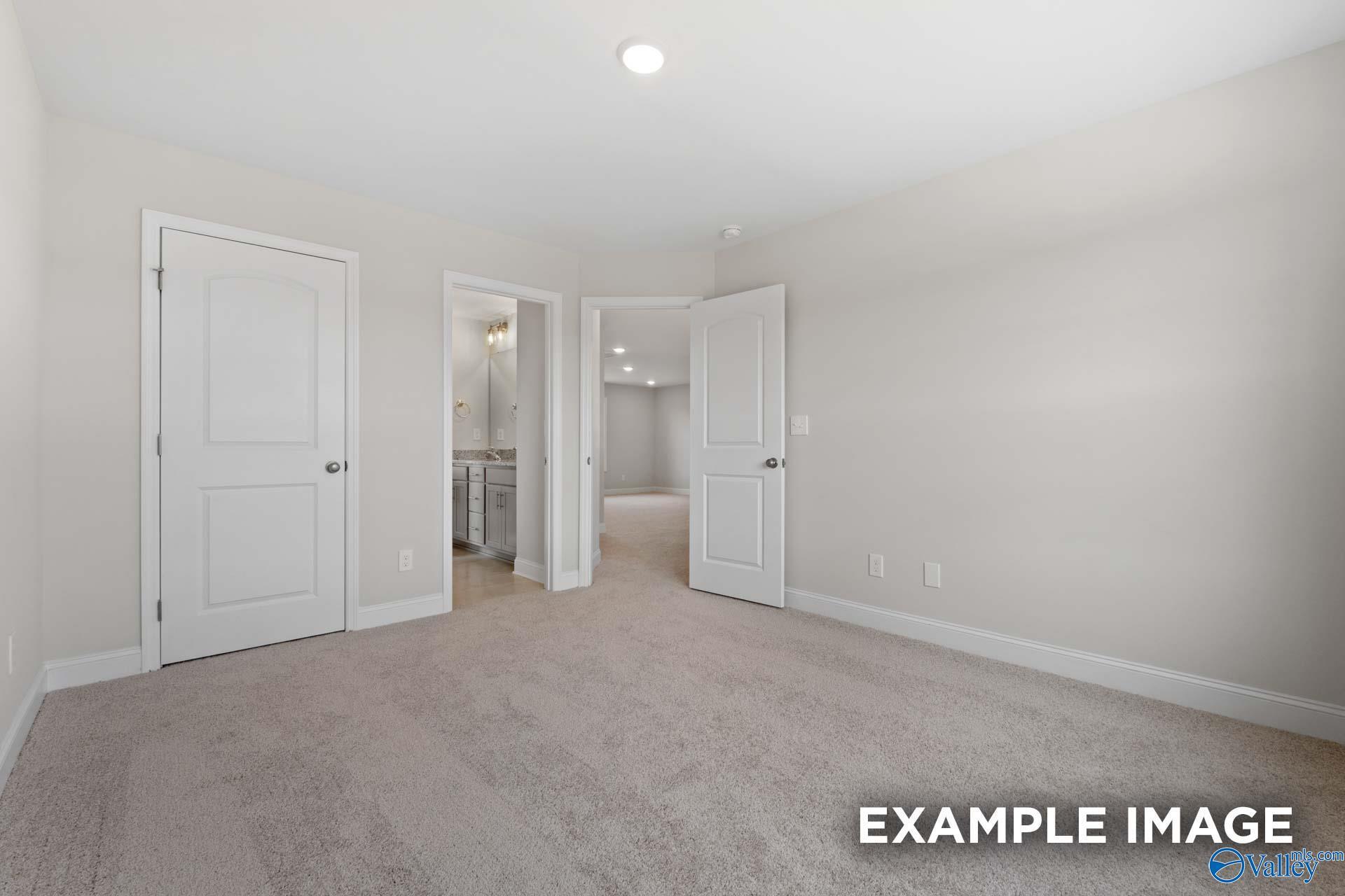 Spacious bedroom with en-suite bathroom vanity and closet doors in neutral tones, The Madison A by Davidson Homes in Toney, Alabama