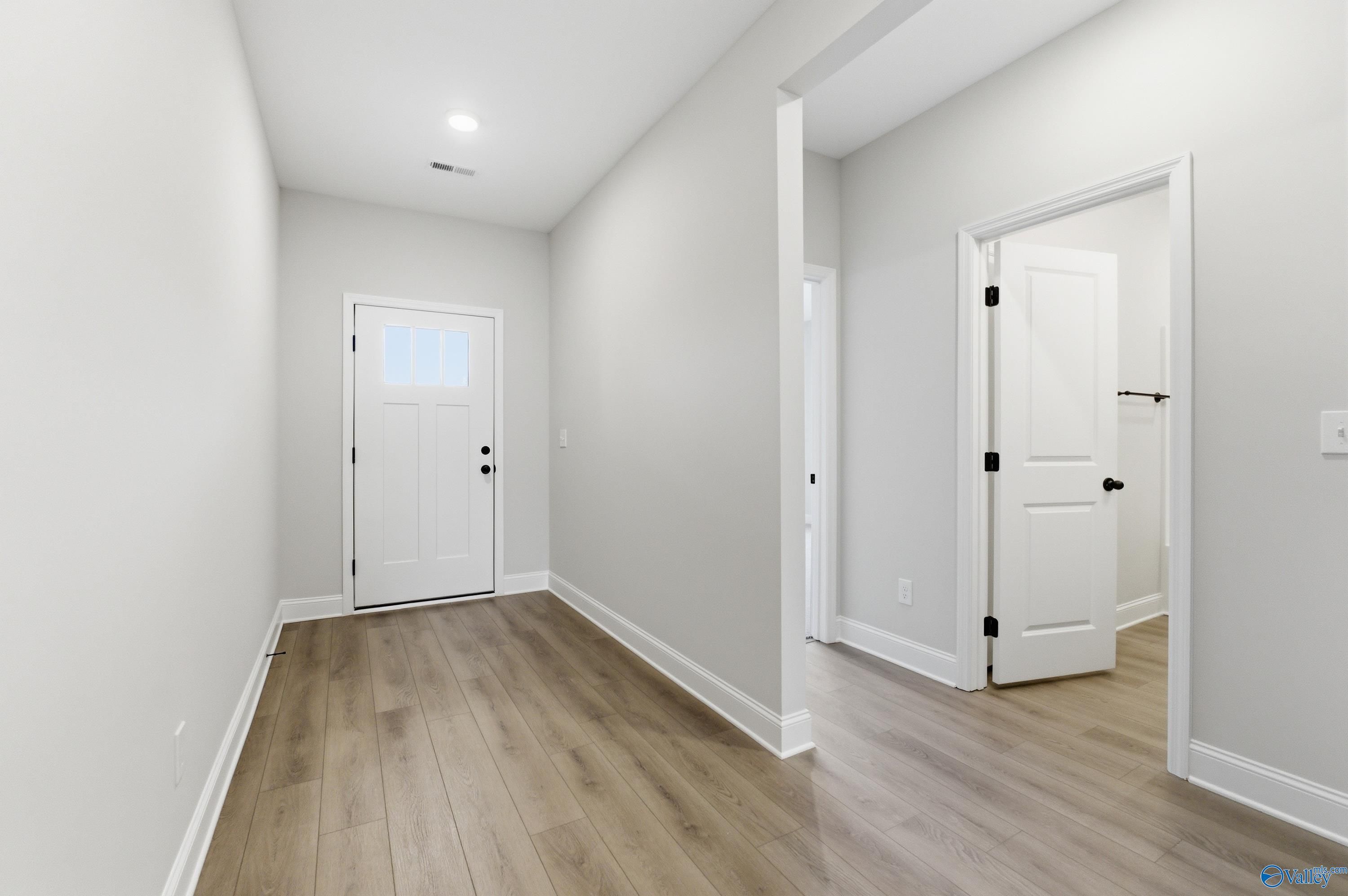 Bright entry hallway with light gray walls, laminate wood floors, and white doors in Davidson Homes The Daphne C, Huntsville AL