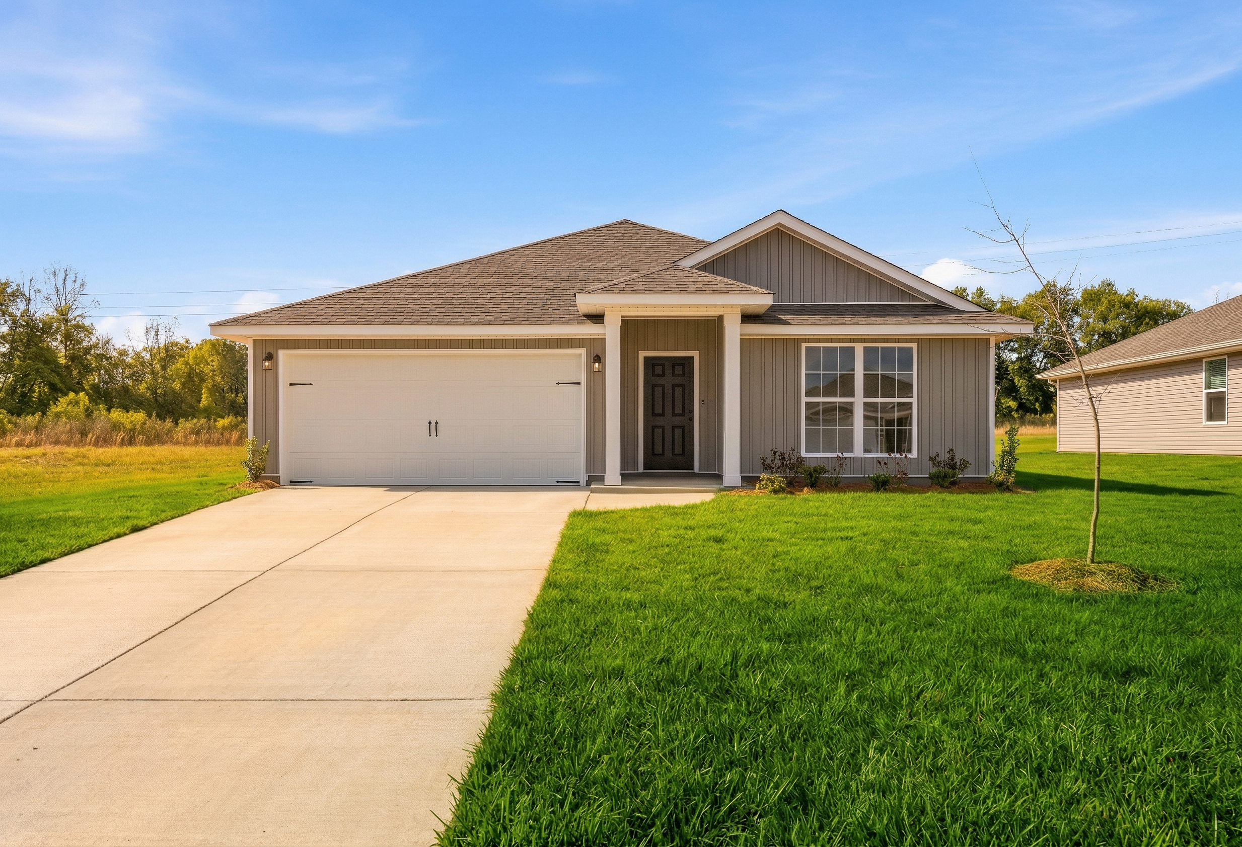 Front elevation of The Daphne V single-story home with gray siding, shingle roof, 2-car garage, driveway, and lush lawn in Meridianville