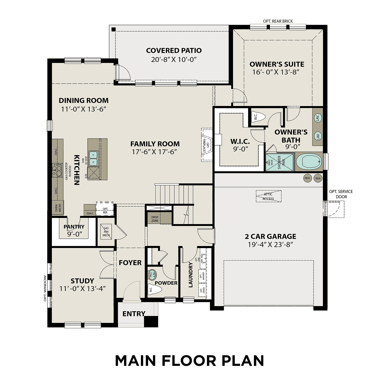 Main floor plan of The Philip B showcasing owner's suite, open kitchen, family room, dining, study, and 2-car garage