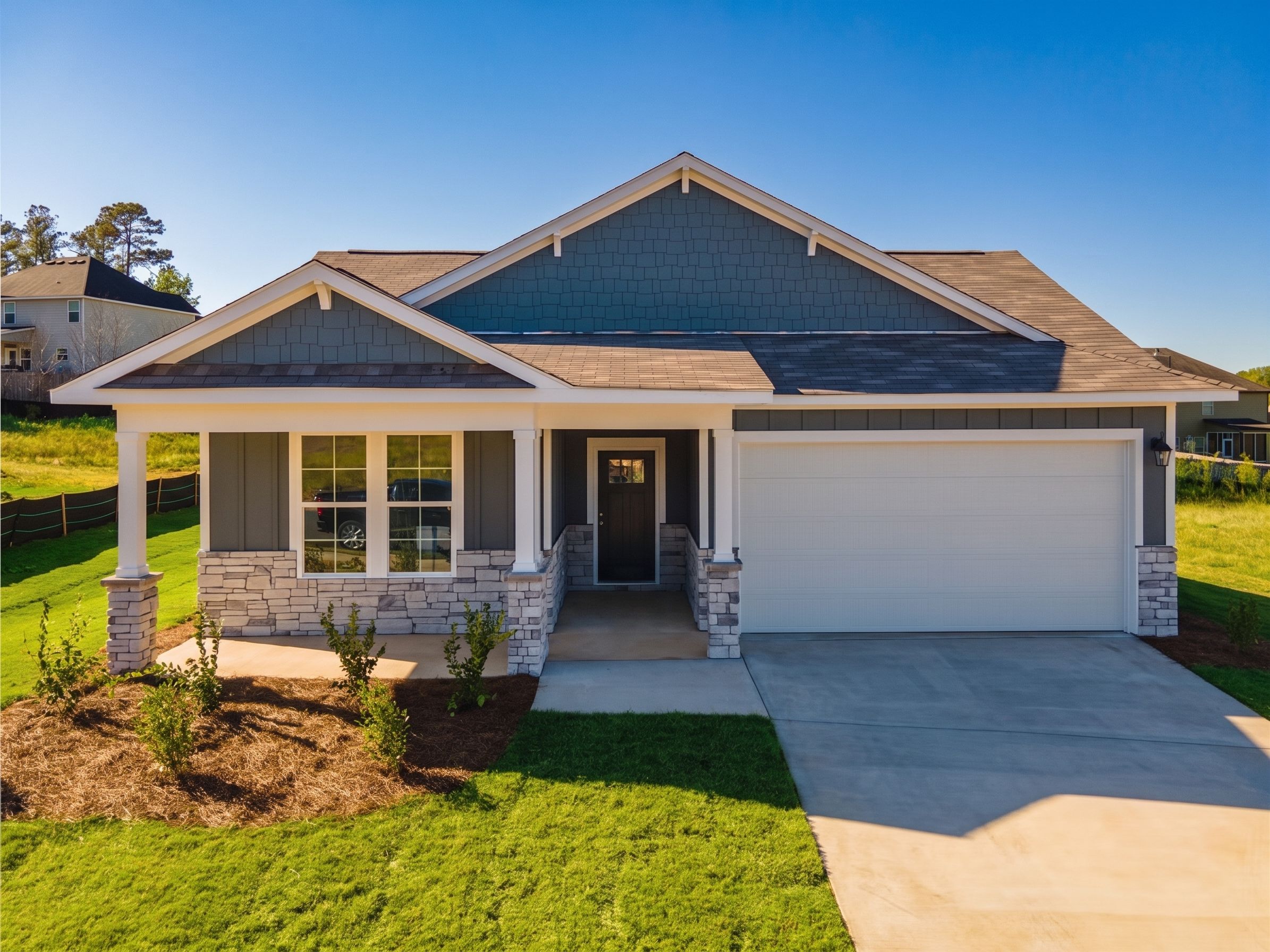 Modern 4-bedroom single-story home with blue-gray siding, stone accents, covered porch, and 2-car garage in Anderson Lakes, Opelika