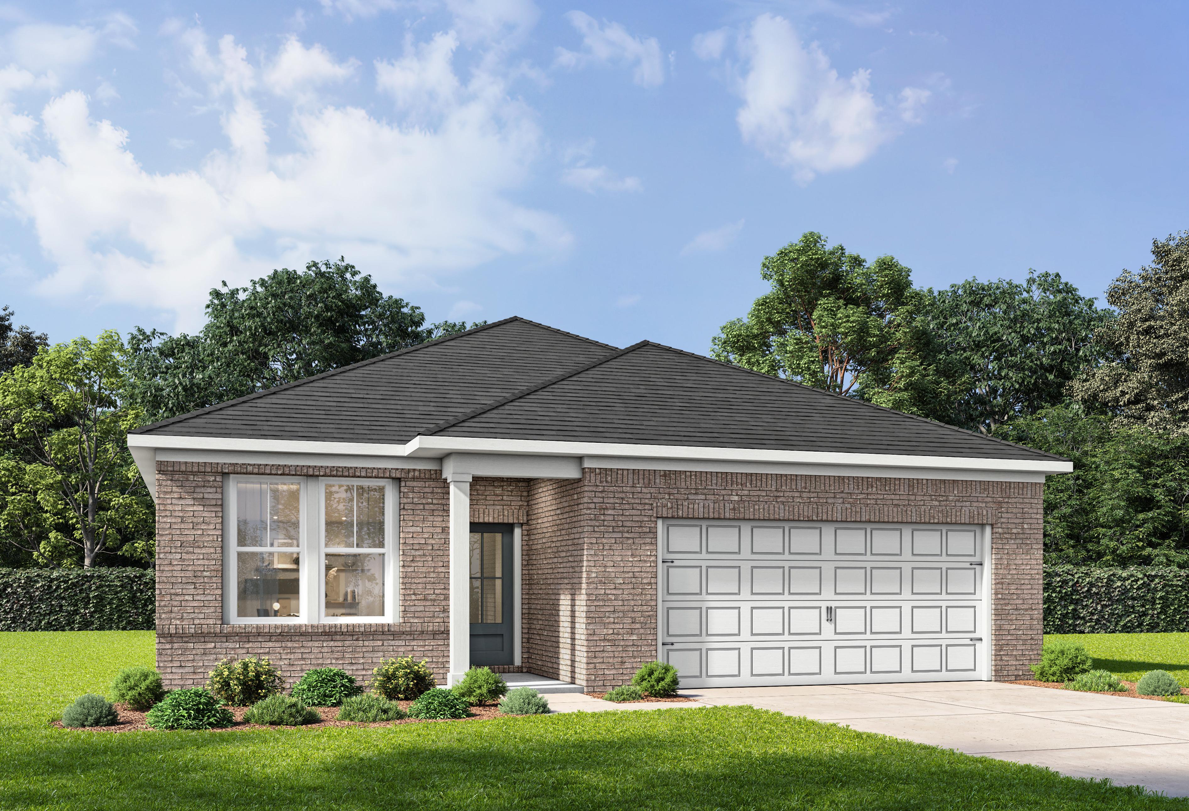 The Sorrel E brick single-story home elevation with two-car garage, front porch, and lush landscaped yard