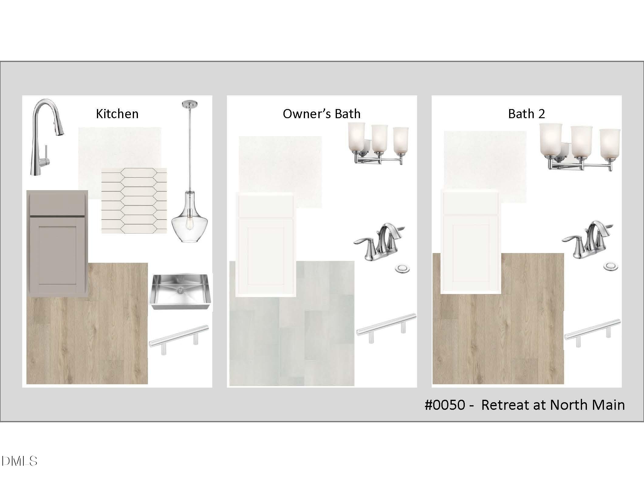 Interior design mood board for The Magnolia A floor plan at Retreat at North Main featuring kitchen and bathroom finishes.