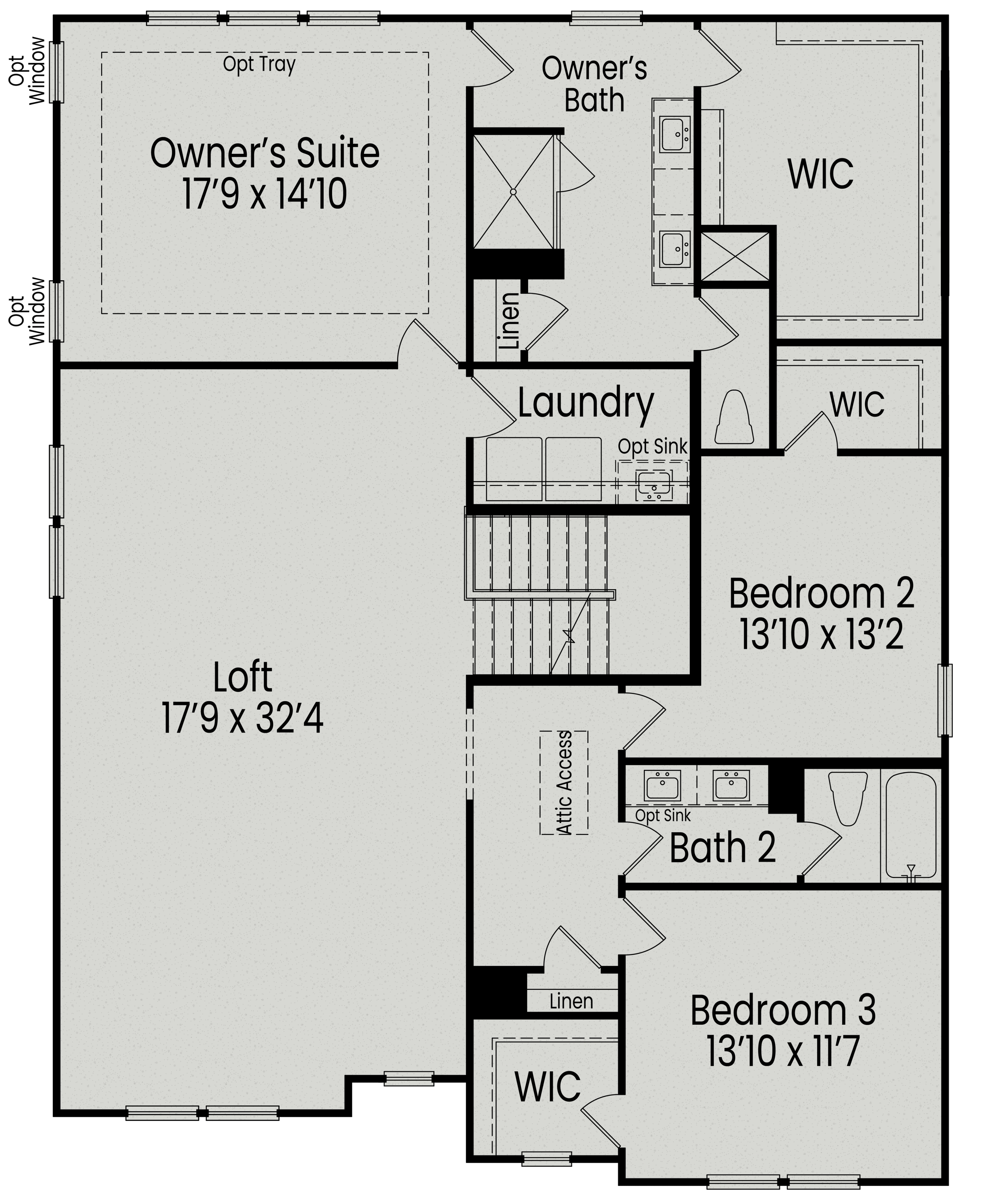 Second floor plan of Beech B home showcasing owner's suite with bath and WIC, loft, bedrooms 2-3, and baths