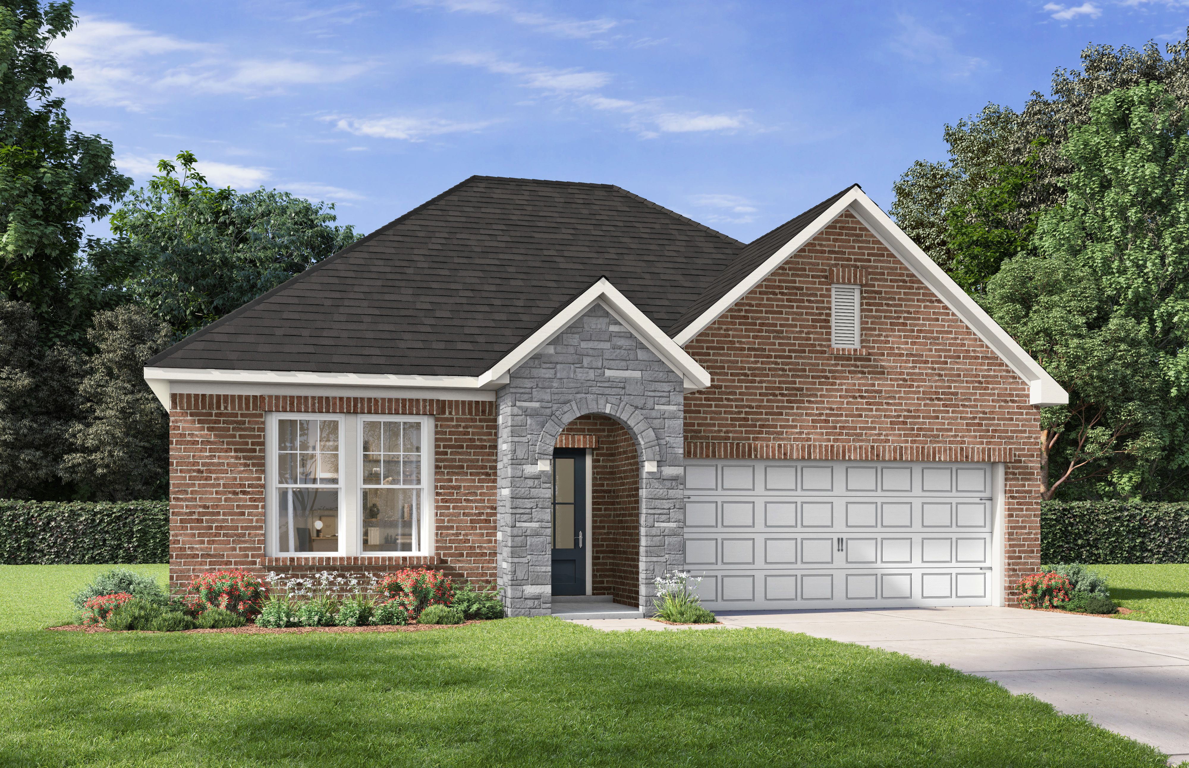 The Laurel single-family home elevation in Cullman featuring red brick, stone accents, and a spacious garage.
