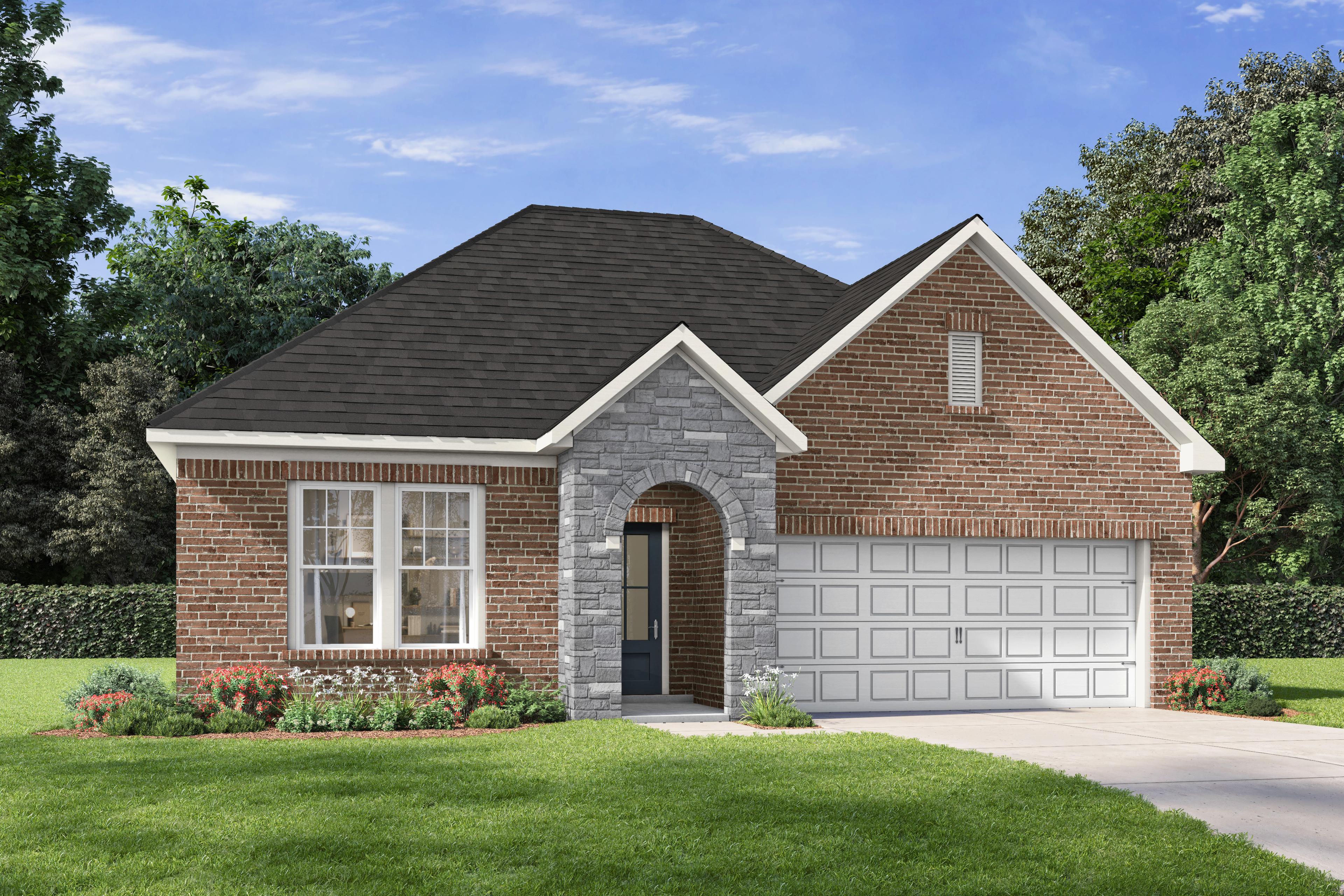 The Laurel single-family home elevation in Cullman featuring red brick, stone accents, and a spacious garage.