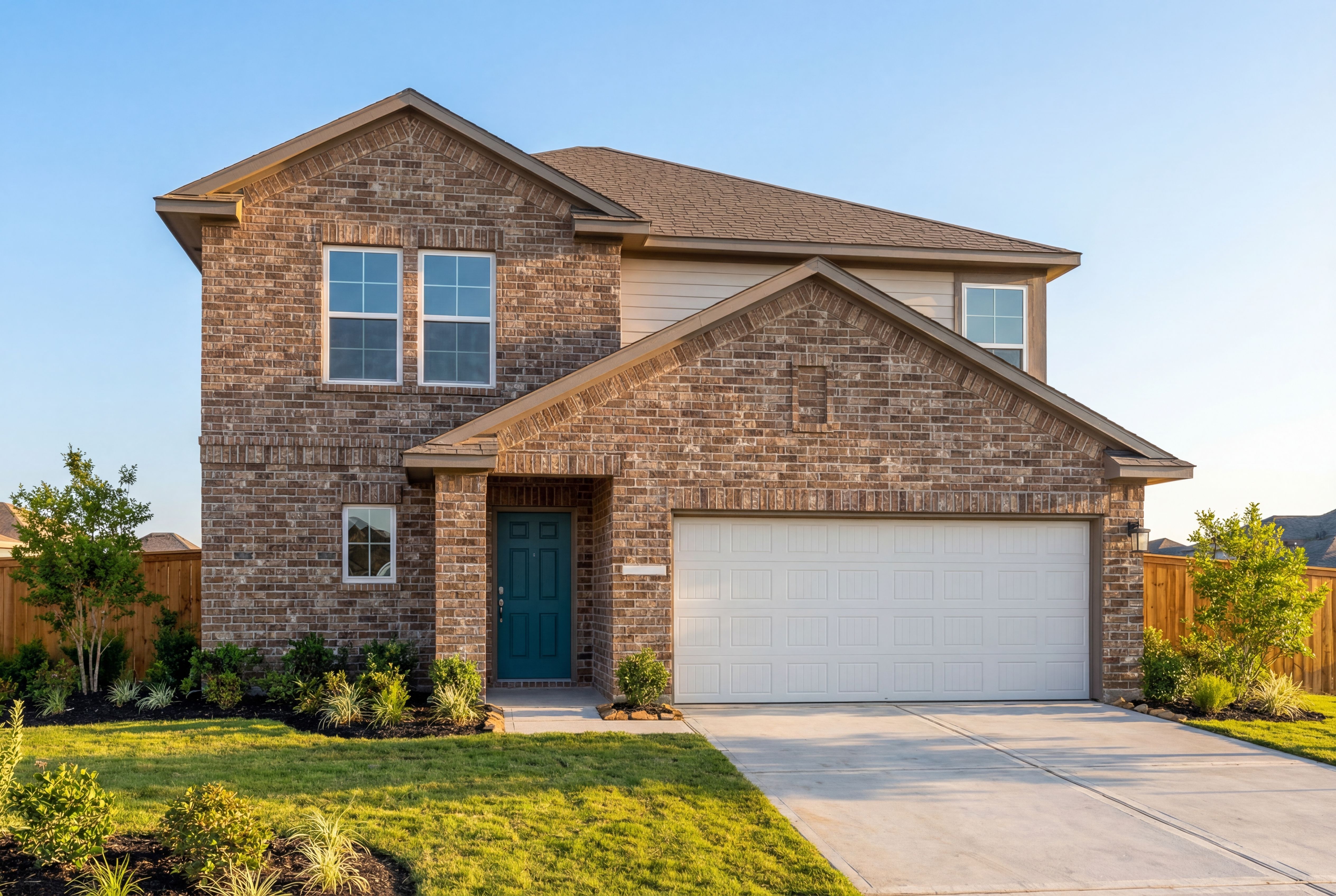 Two-story Tierra A brick home elevation with 2-car garage, blue door, and landscaped yard in Rosharon, Texas