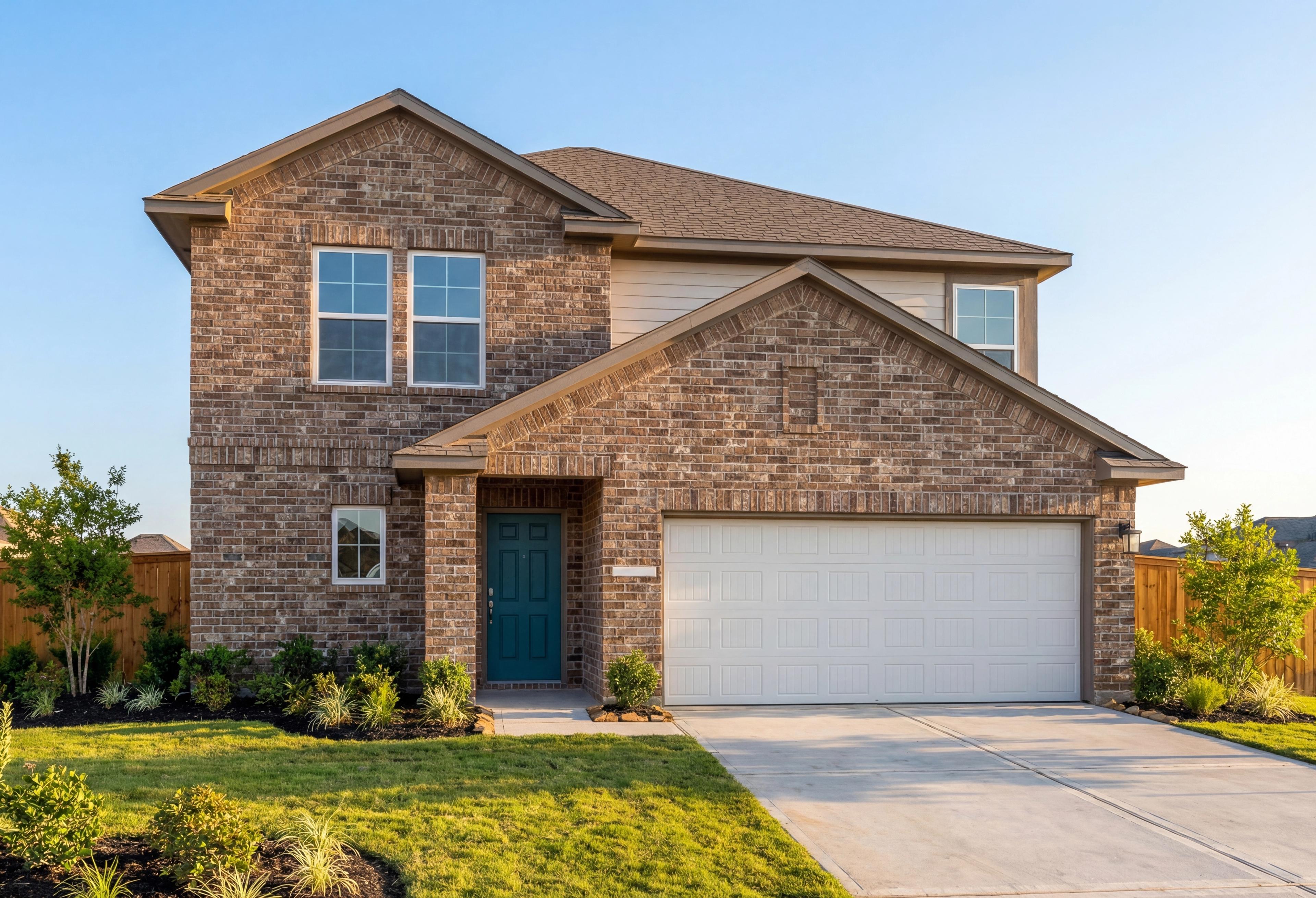 Two-story Tierra A brick home elevation with 2-car garage, blue door, and landscaped yard in Rosharon, Texas