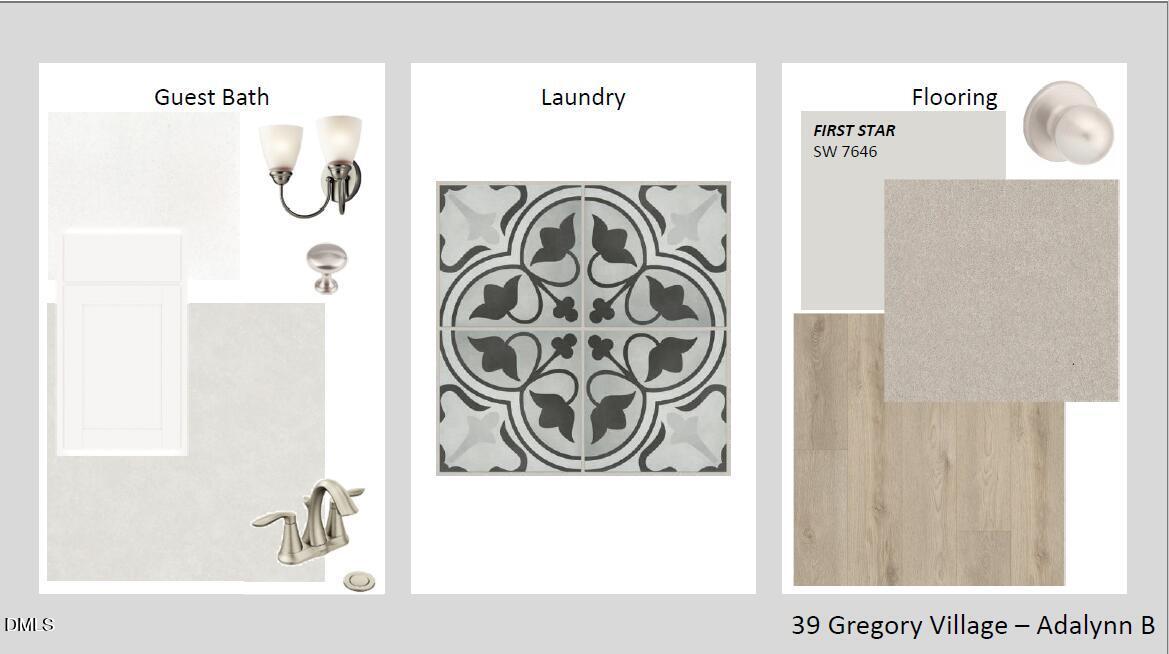 Guest bath sconces, faucet, and tile; laundry patterned floor; oak flooring and SW 7646 paint in Adalynn B, Gregory Village, Lillington NC