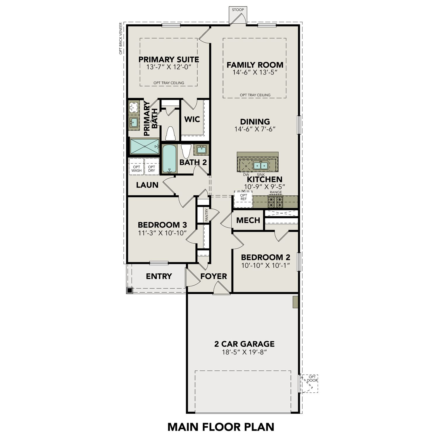 Main floor plan of The Comal C by Davidson Homes: 3-bed, 2-bath, 1,253 sq ft layout with primary suite, open kitchen, and 2-car garage