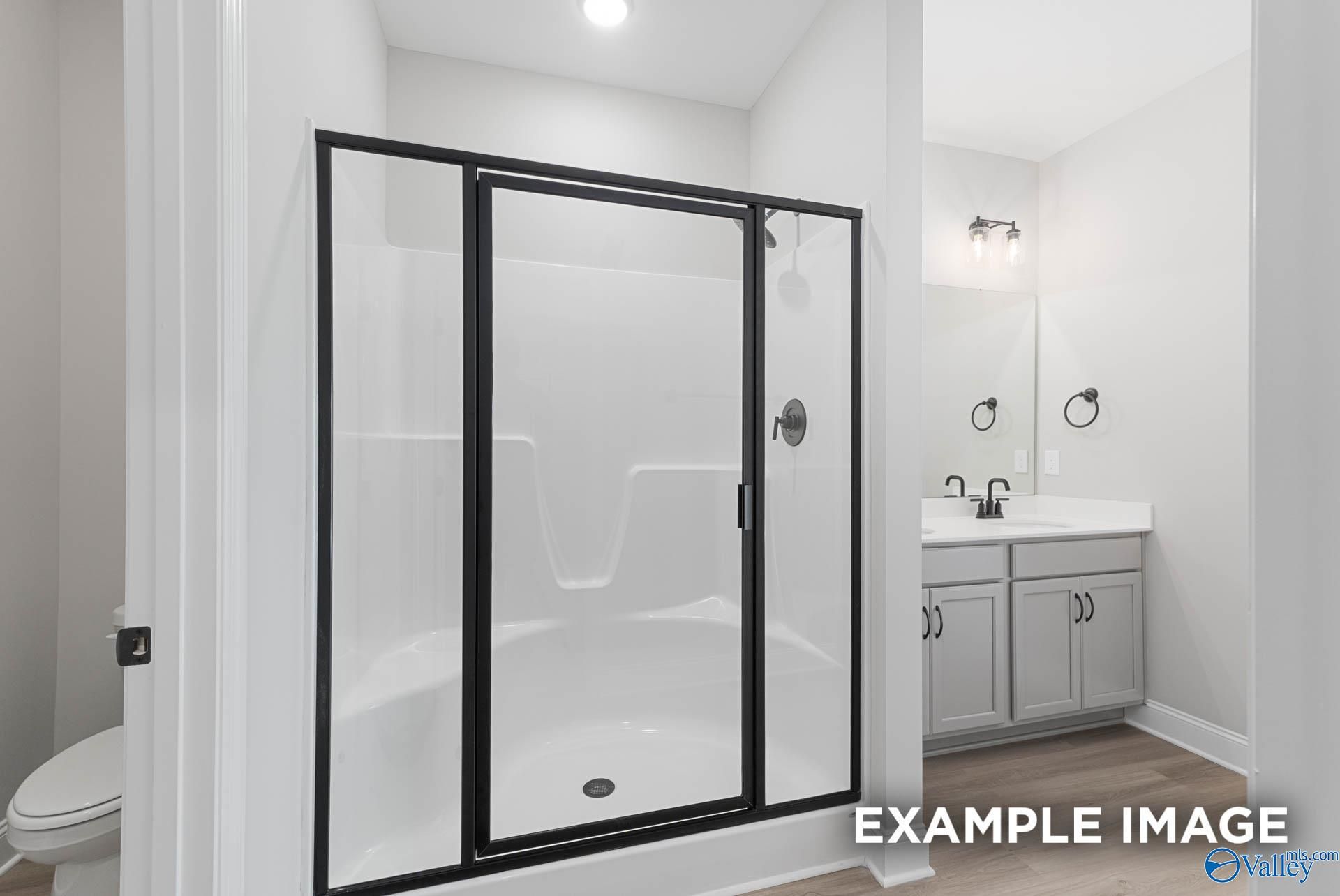 Elegant master bathroom with black-framed glass shower and double vanity in Davidson Homes The Daphne D, Meridianville, Alabama
