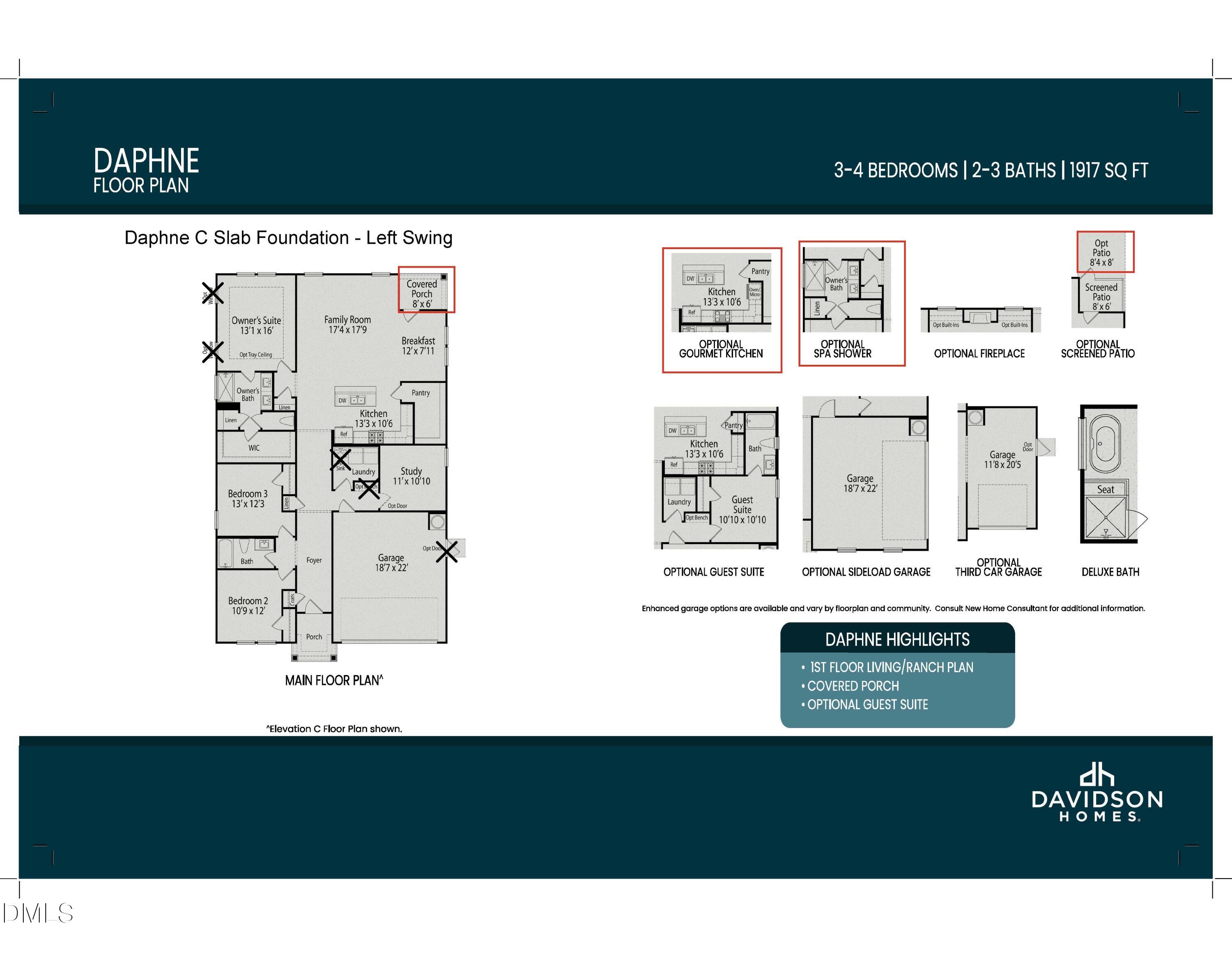 Daphne C floor plan with 3-4 bedrooms, owner's suite, gourmet kitchen, covered porch in Davidson Homes Lillington NC