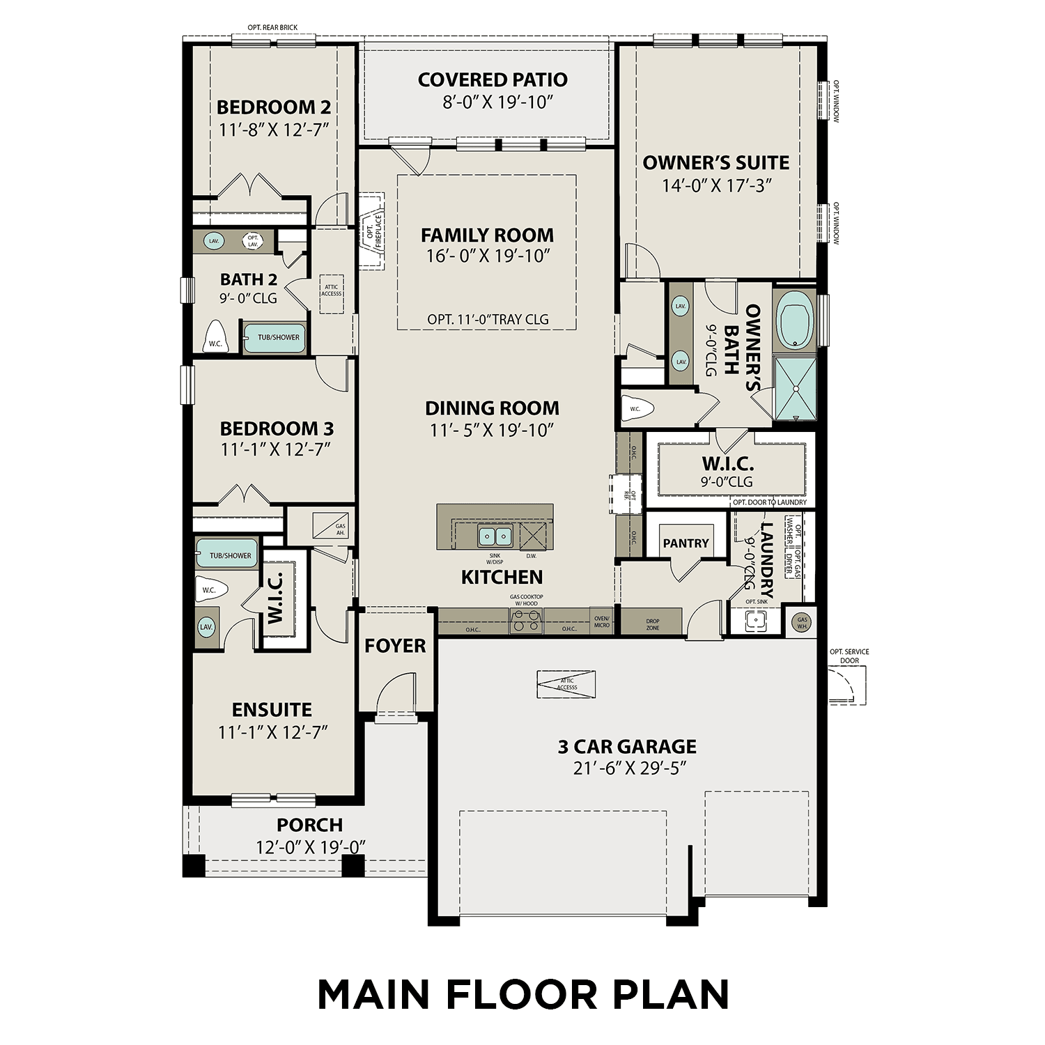 Main floor plan of The Elizabeth C featuring owner's suite, three bedrooms, open kitchen-family room, 3-car garage