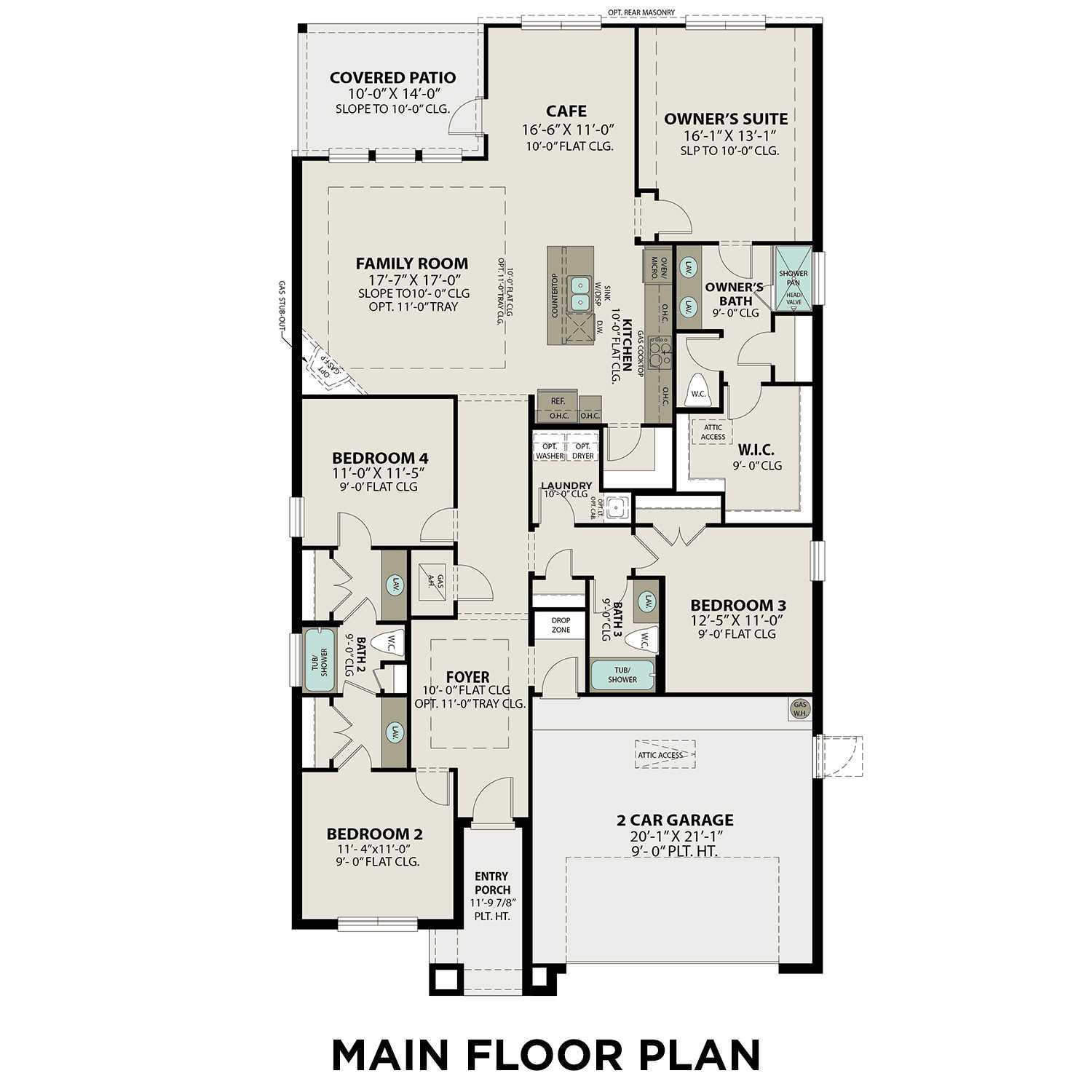 One-story floor plan of The Acadia A by Davidson Homes: 4 bedrooms, 3 baths, open family room, owner's suite, 2-car garage in Magnolia, TX
