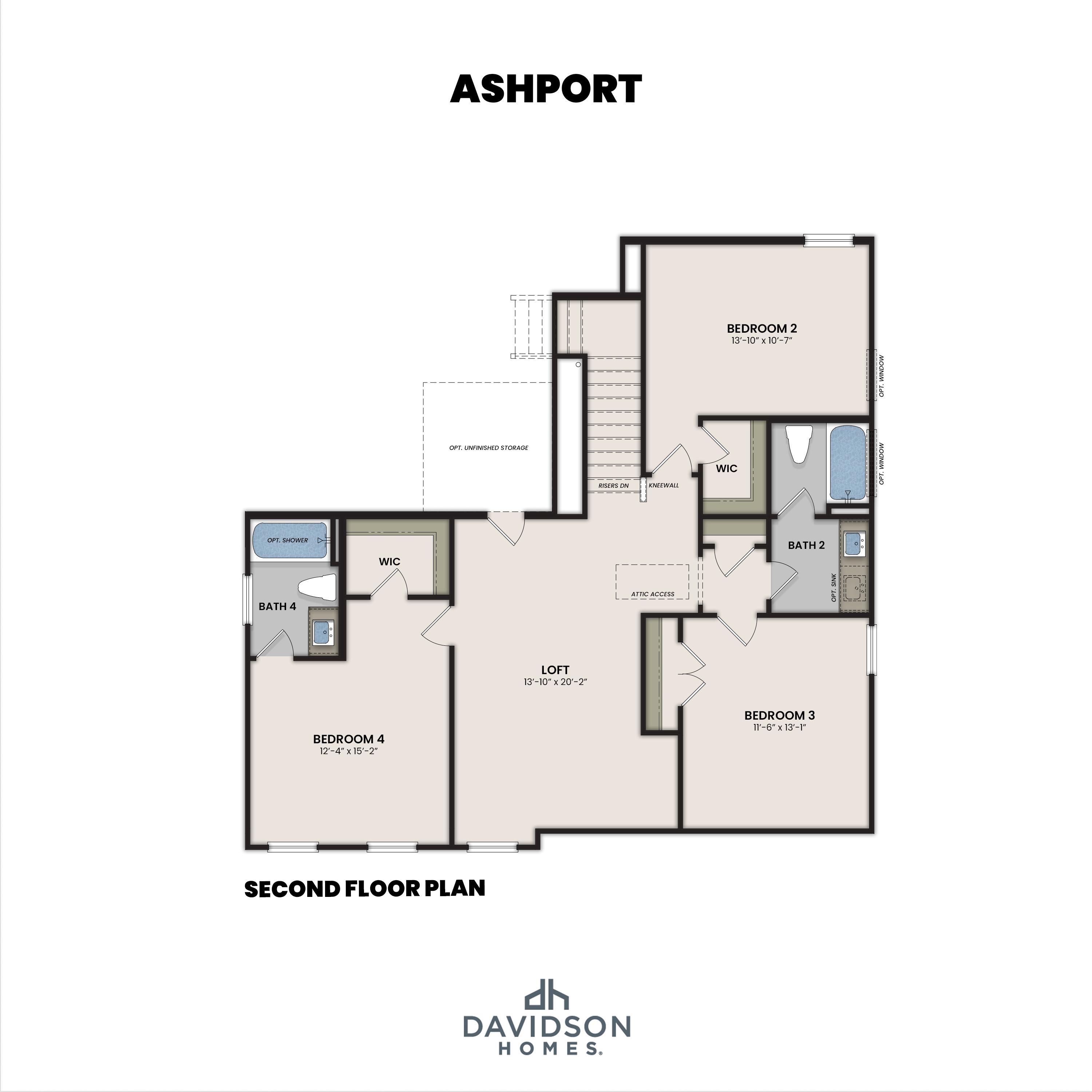 Second-floor layout of The Ashport featuring a spacious loft, two bedrooms, and two full baths by Davidson Homes.