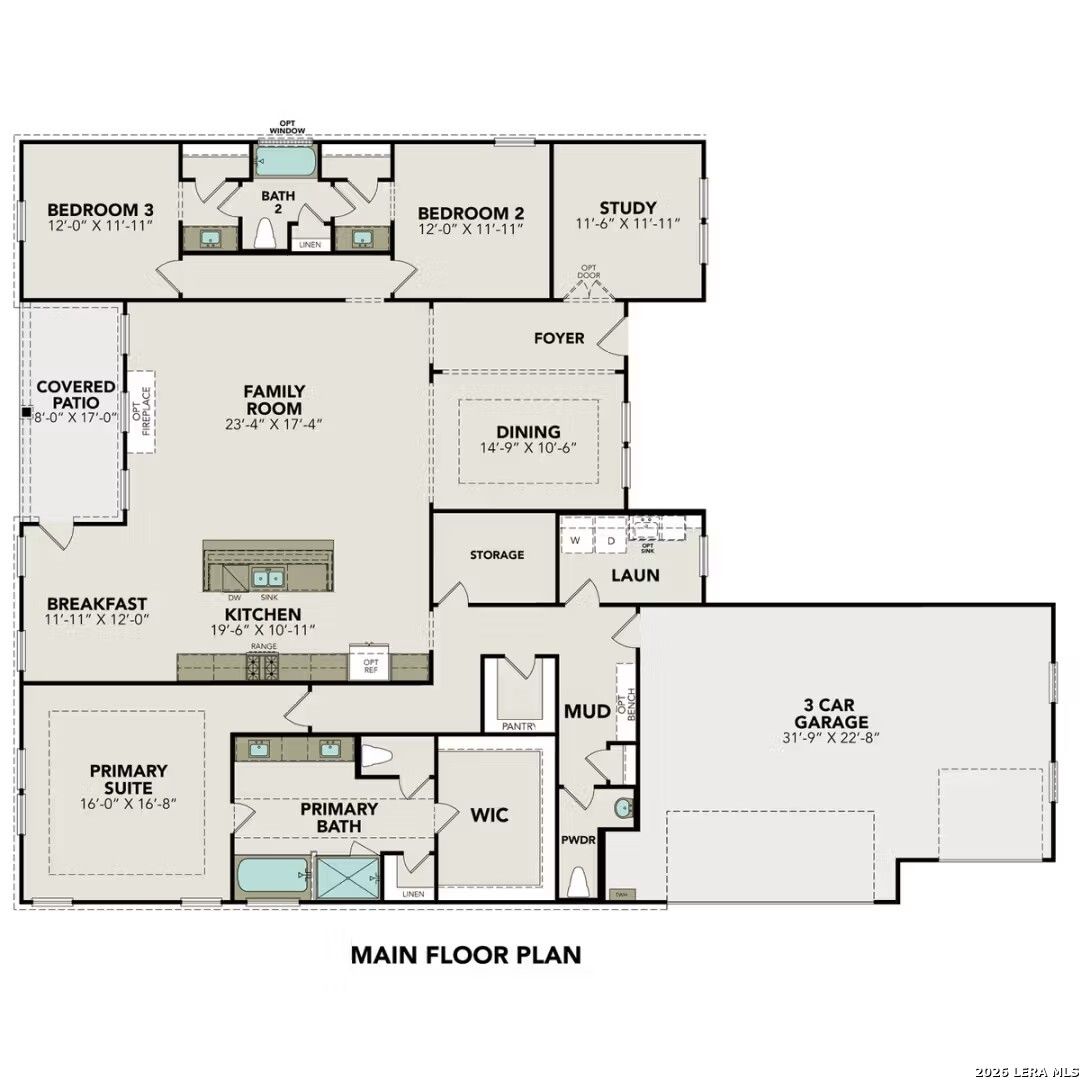 Main floor plan of The Foster E 3-bedroom, 2.5-bath home with 3-car garage by Davidson Homes in Potranco Oaks, Castroville, Texas
