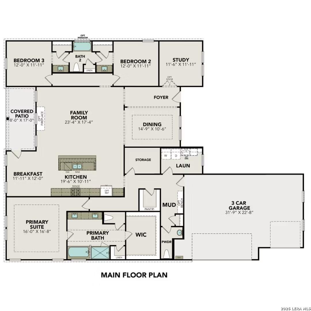 Main floor plan of The Foster E 3-bedroom, 2.5-bath home with 3-car garage by Davidson Homes in Potranco Oaks, Castroville, Texas