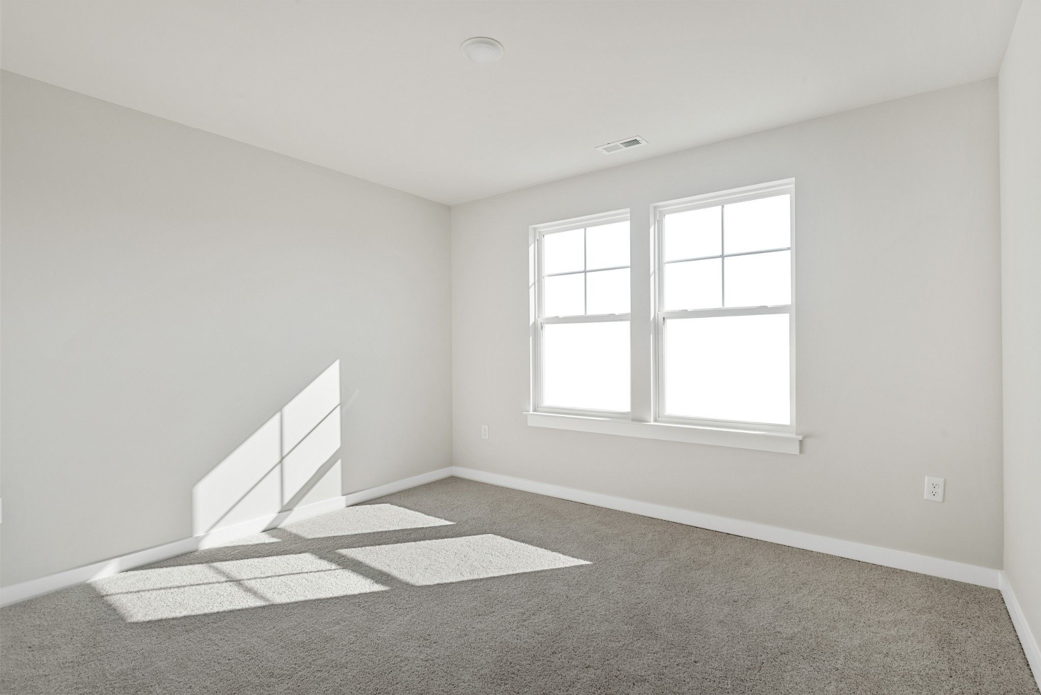 Bright secondary bedroom with gray carpet, neutral walls, and sunlit double windows in Davidson Homes The Willow B, White House, TN