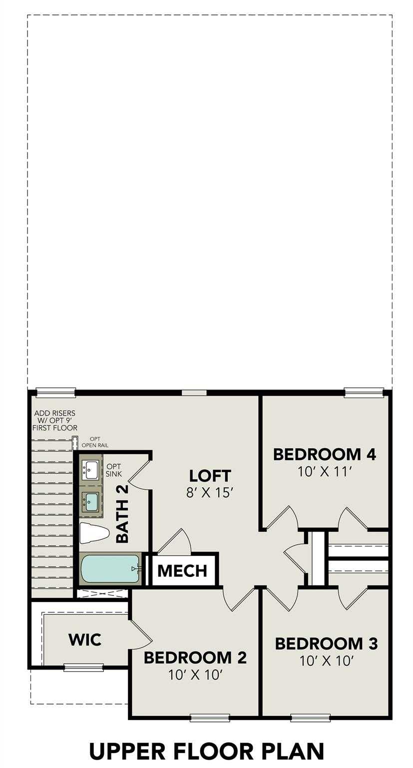 Upper floor plan of The Blanco E featuring loft, three bedrooms, full bath, and walk-in closet in Davidson Homes Magnolia TX