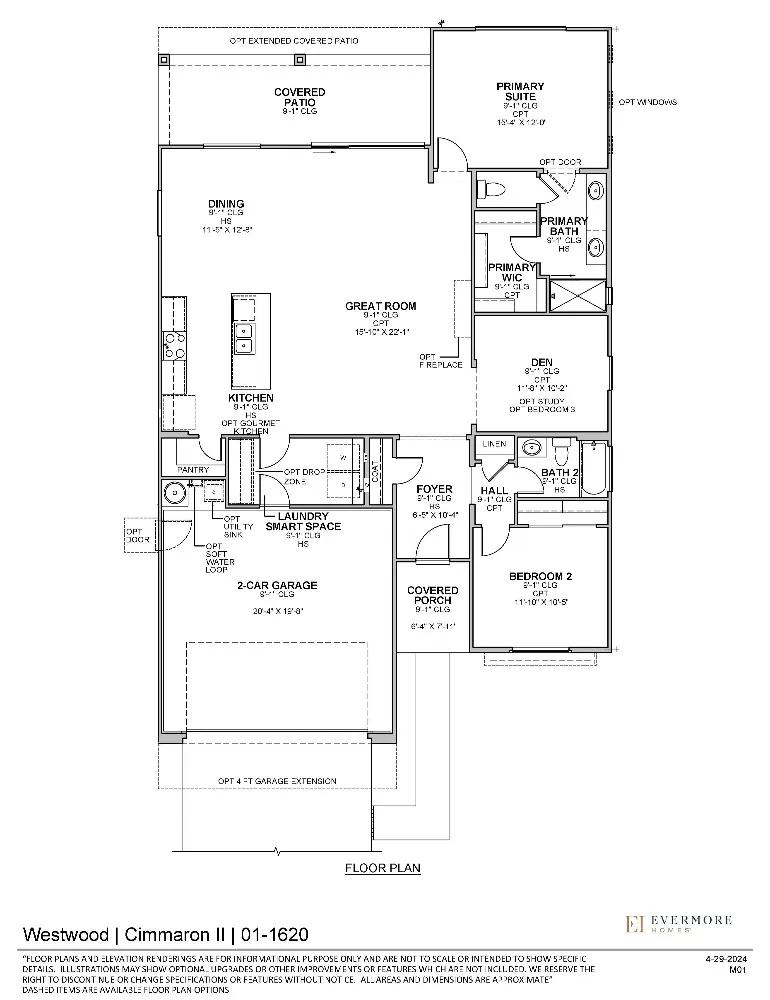 Spacious floor plan of The Cimarron II showcasing open great room, kitchen island, primary suite, and 2-car garage