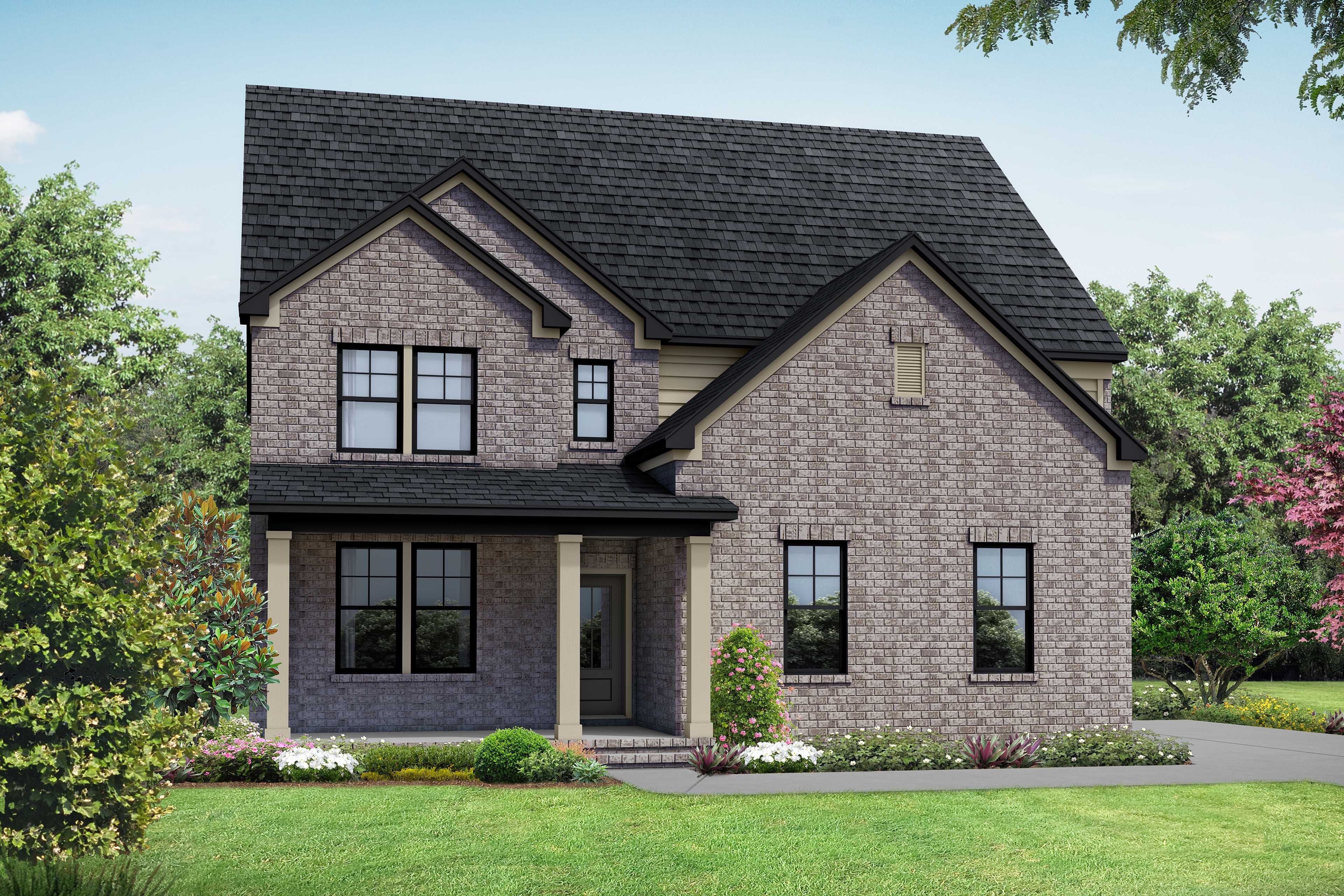 Two-story Henry B home elevation with green siding, brick accents, covered porch, and two-car garage in Mt. Juliet