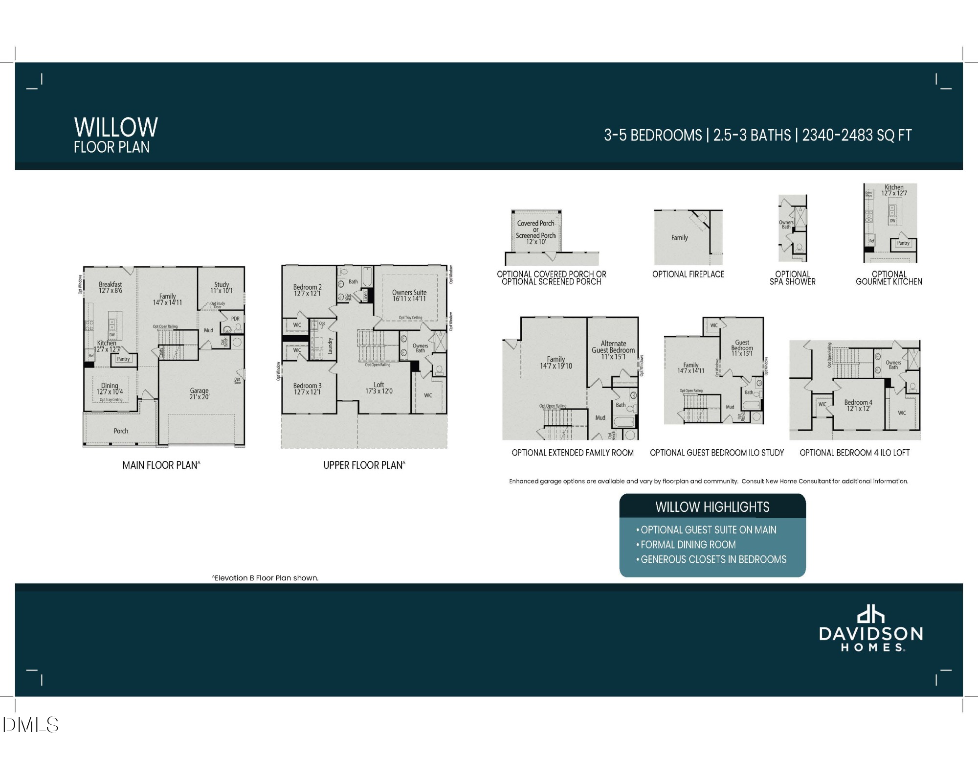 Willow D floor plan by Davidson Homes: 2-story 4-bed, 3-bath 2340 sq ft layout with optional guest study in Woodland Crossing, Zebulon NC