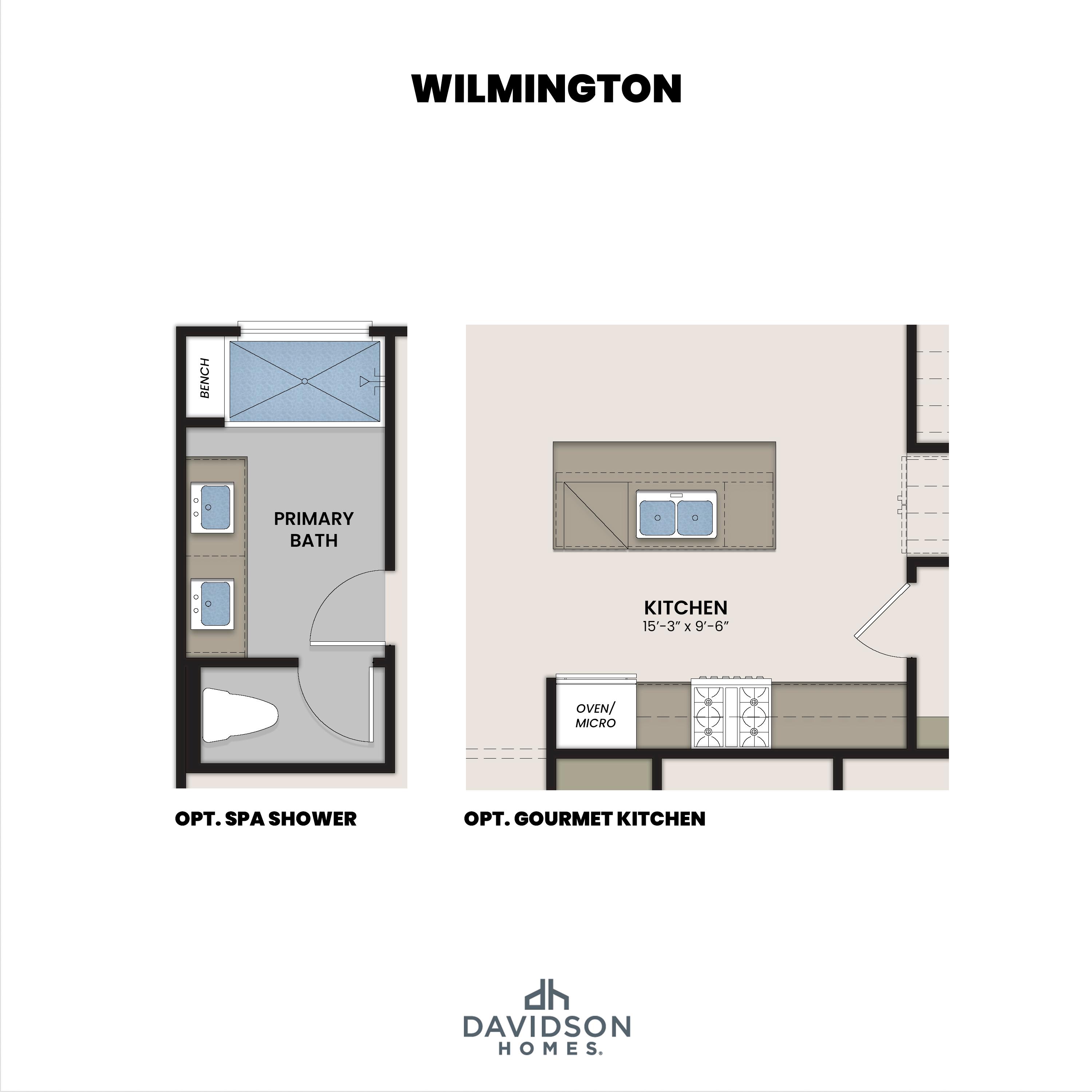 Optional gourmet kitchen layout for The Wilmington II featuring a central island, cooktop, and oven/microwave combination.