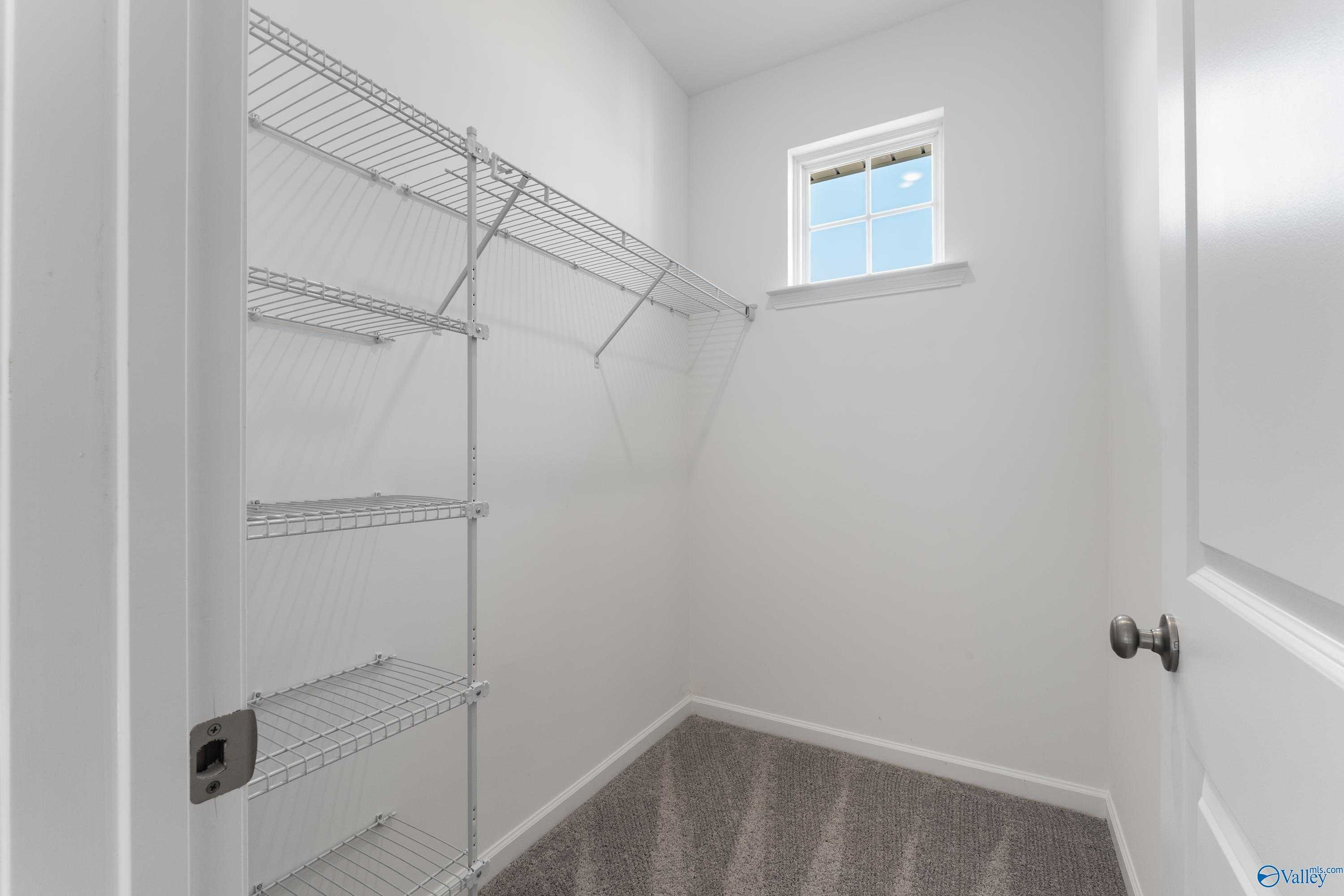 Spacious walk-in closet featuring wire shelving, hanging rods, and window in Evermore Homes The Grace, Madison, Alabama