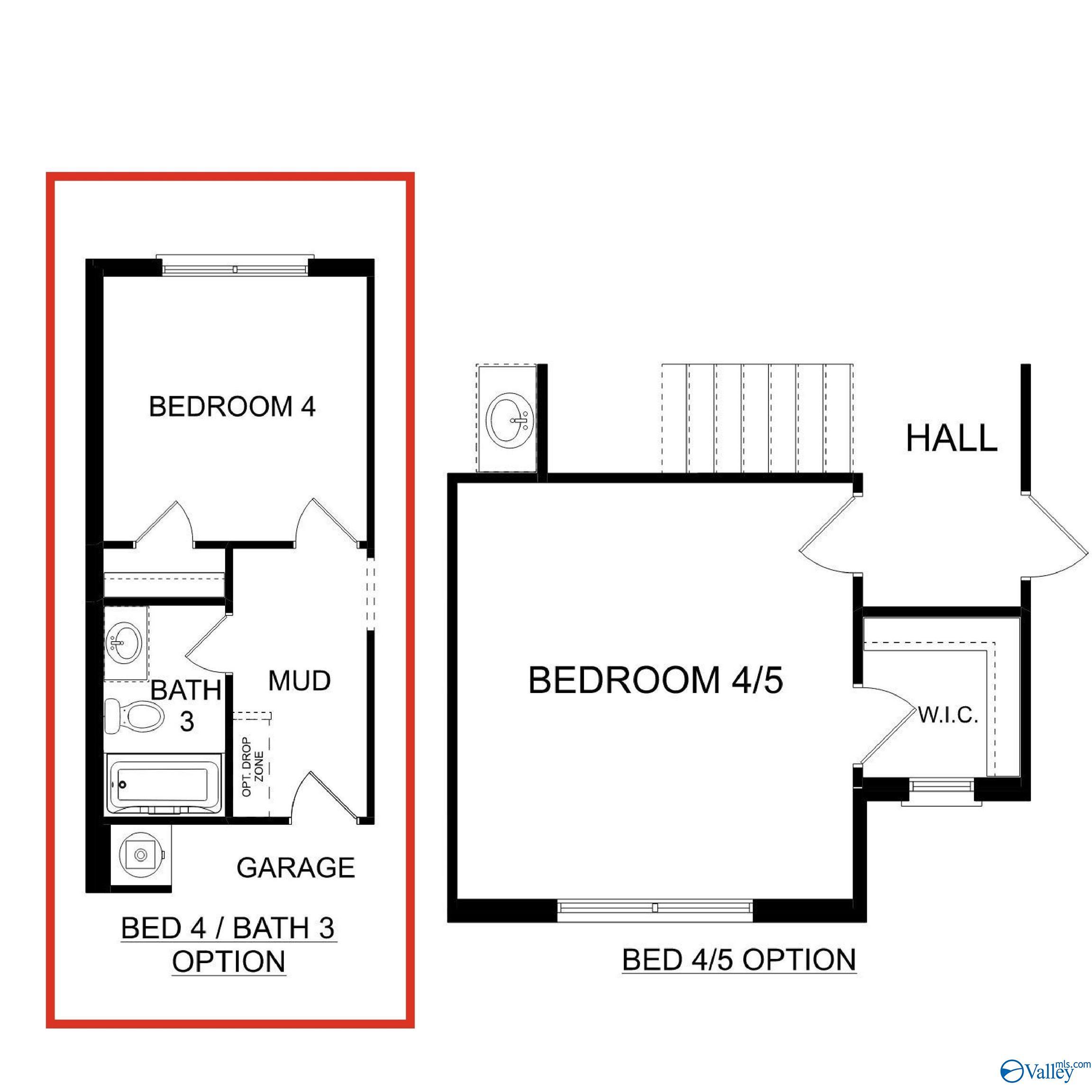 Bedroom 4 and Bath 3 option with attached tub bath, mud room, and garage in The Shelby D floor plan by Davidson Homes, Cullman AL